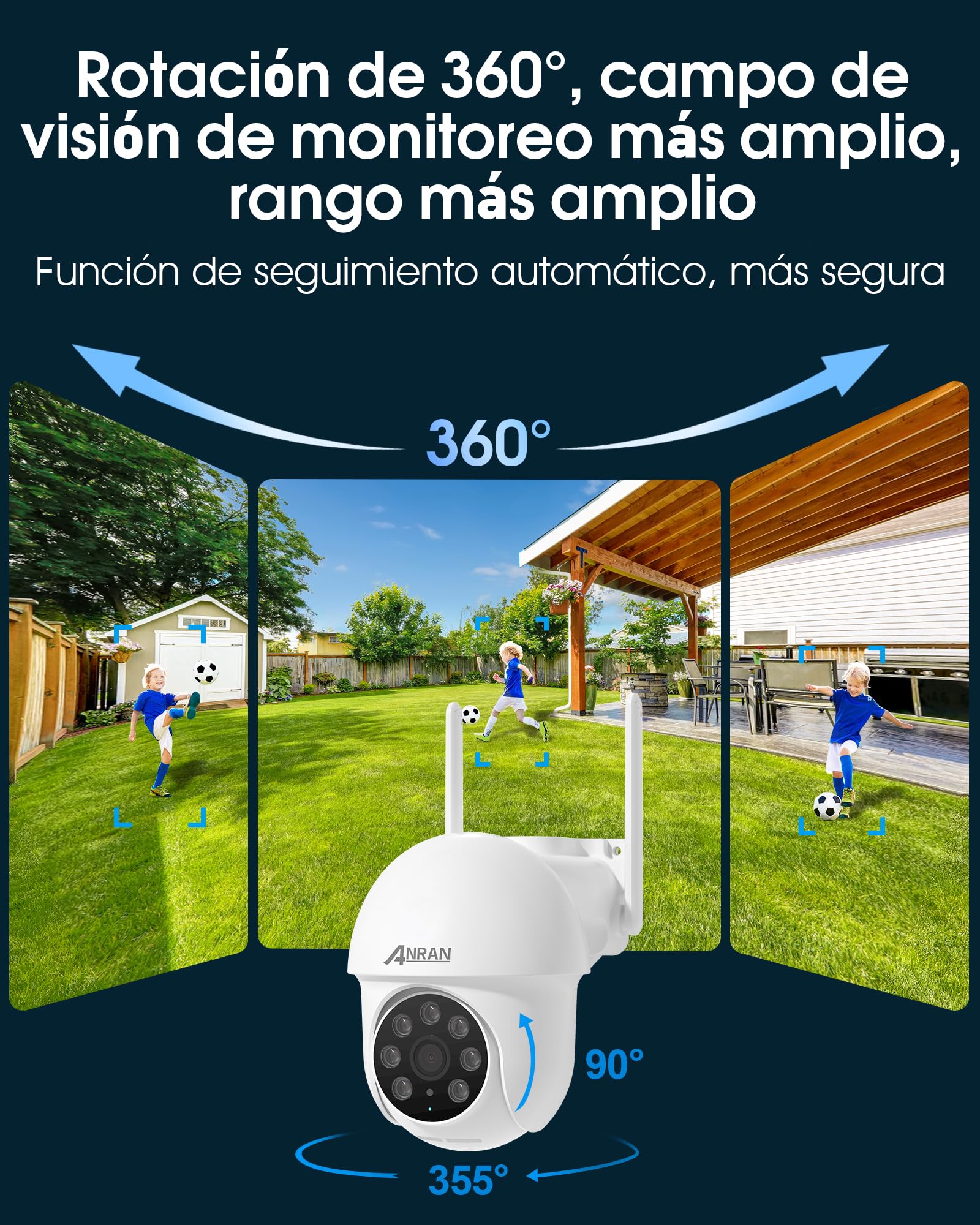 ANRAN Camara Vigilancia WiFi Exterior, 3MP Seguridad Cámara 2,4G/5G WiFi, PTZ 360°, Visión Nocturna, Audio Bidireccional, Seguridad para Hogar, Garaje y Jardín, 2 Unidades