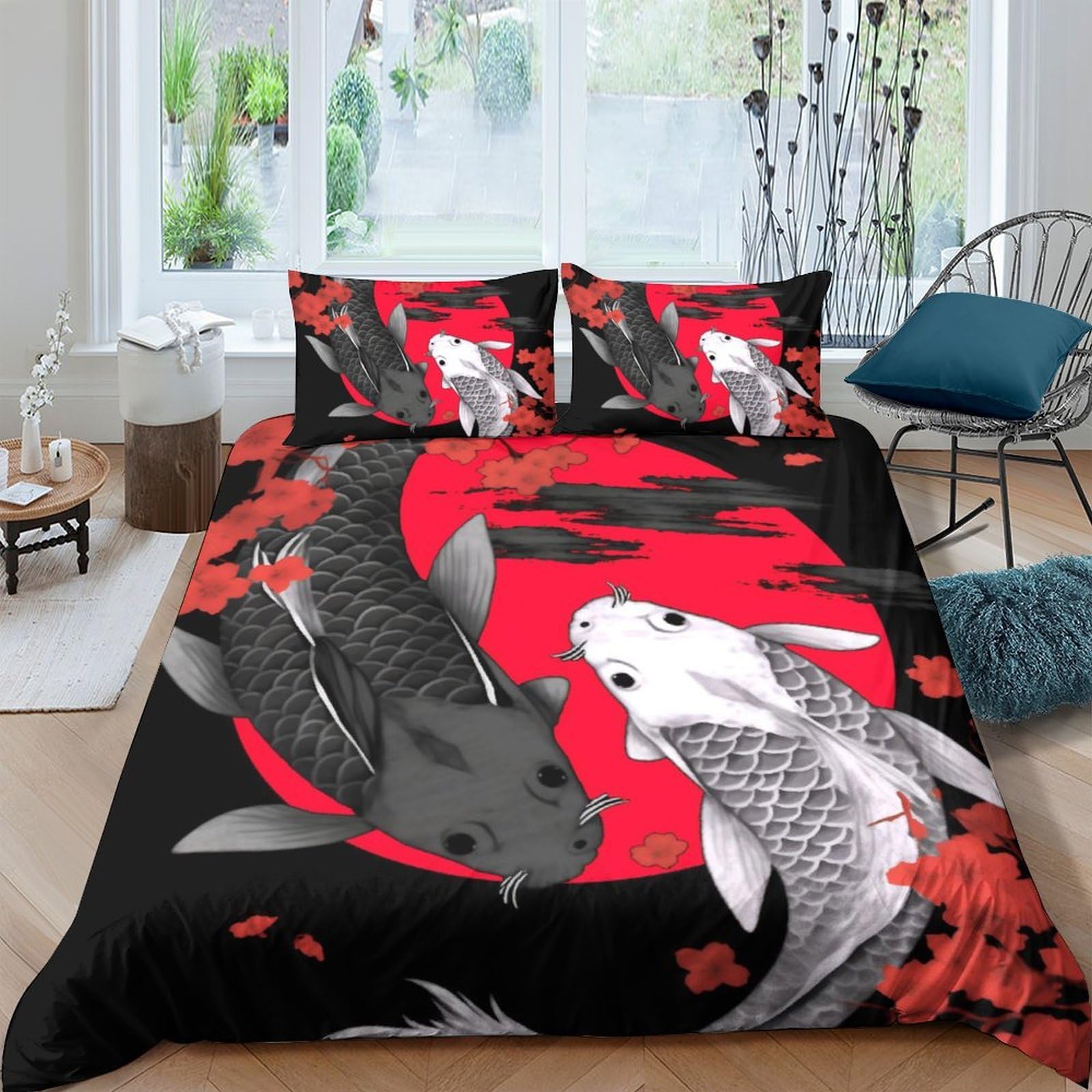Ctjqhvkz Style-7 3D Printed Koi Fish Fitted Sheet Microfiber Soft Black Red Japanese Art Bed Cover For Bedroom Dorm Mattress Decor Single（135X200cm）