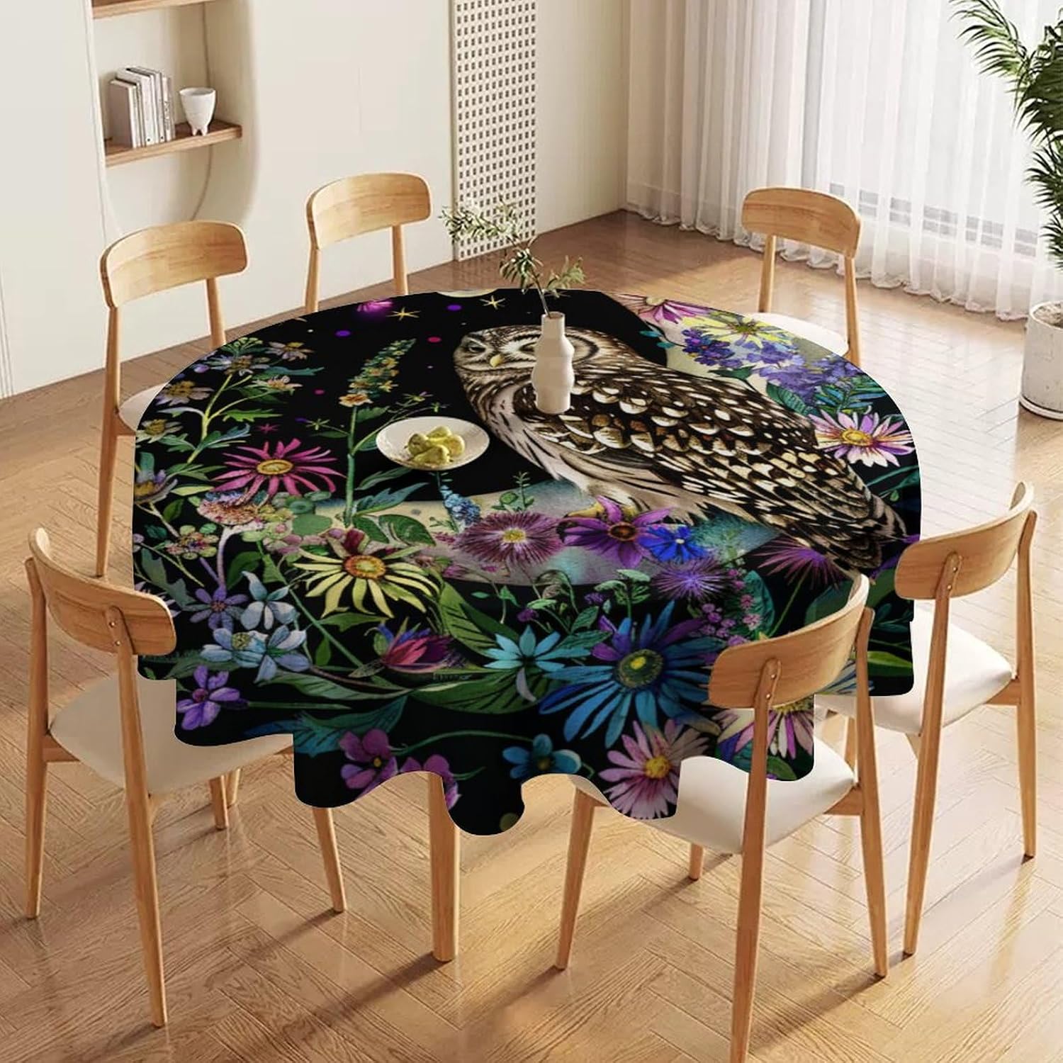 Colorful Floral Owl Round Tablecloths, Moon Star Flower Bird Washable Holiday Decor Table Cover for Kitchen, Dining, Party, 36Inch