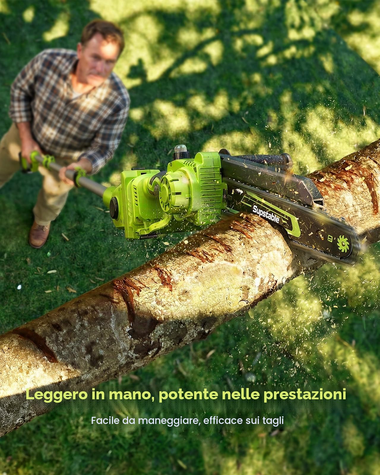 Supstable Potatore Telescopico a Batteria 2 in 1, 8 Pollici Mini Motosega Telescopica con 2×4000 mAh, Motore Brushless con Lubrificazione Automatica, Portata fino a 4,8m per Potatura Alberi e Giardino