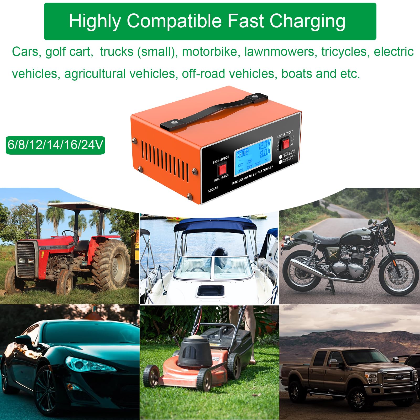 8 Volt Battery Charger Automotive 0-10A, Smart Car Golf Cart Battery Charger, Maintainer and Automatic Charger with Cable Clamps & Handle, Suitable for 6/8/12/14/16/24V Lead-Acid Batteries (Orange)