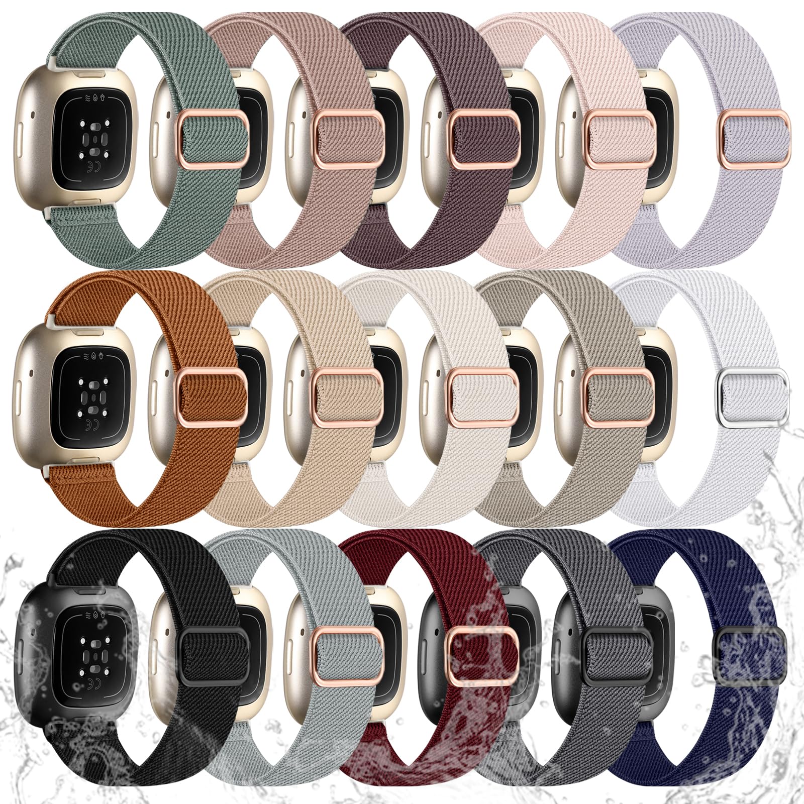 Odbeai Stretchy Bands Compatible with Fitbit Versa 4/Sense 2/Sense/Versa 3 | Water-Resistant Elastic Soft Nylon Sport Strap Compatible with Fitbit Versa 4 Bands Women/Sense 2 Bands/Sense/Versa 3,15 Pack