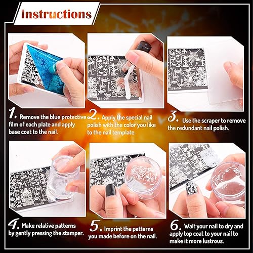 Miniatura 3 de Whaline Juego de 4 placas de arte para uñas, de Halloween, plantillas de sellos con imagen, kit de estampado, diseño de salón de manicura