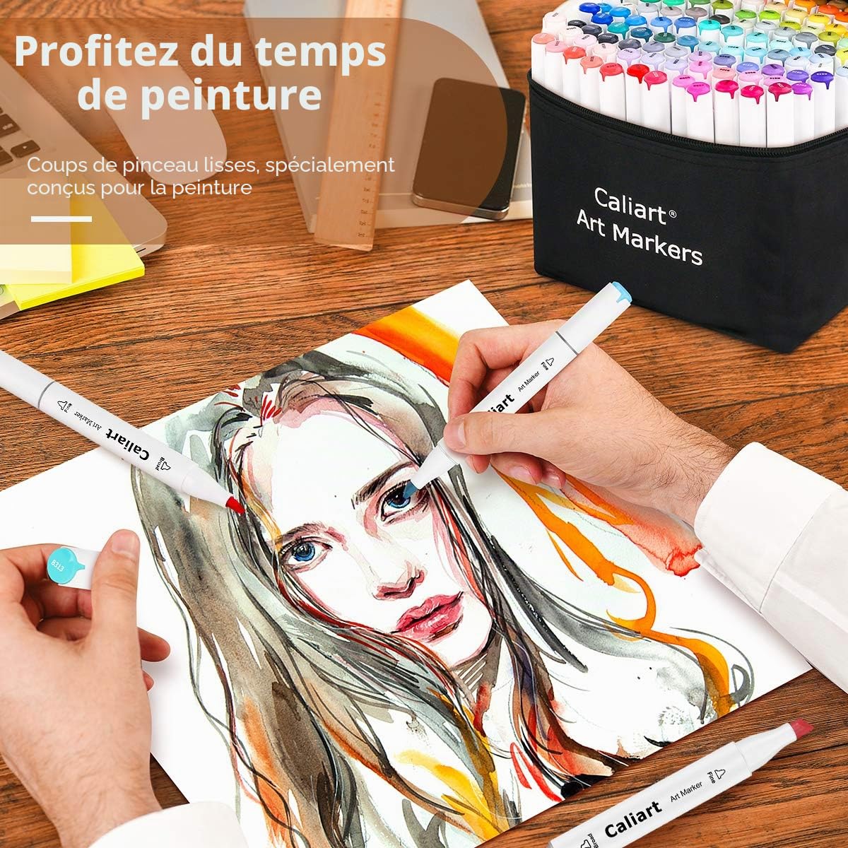 Caliart Lot de 80 marqueurs permanents à double pointe à base d'alcool avec étui pour coloriage, dessin, illustration, fabrication de cartes, peinture et écriture