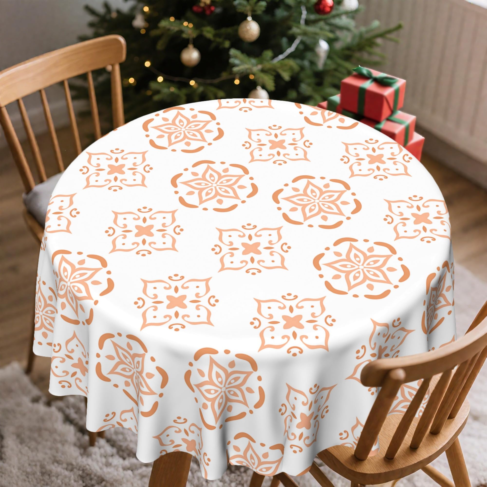 Round Outdoor Tablecloth Wipeable Table Cloth Waterproof Table Cover for Garden Table, Patio, Picnic Boho Terracotta Geometric pattern 60 In