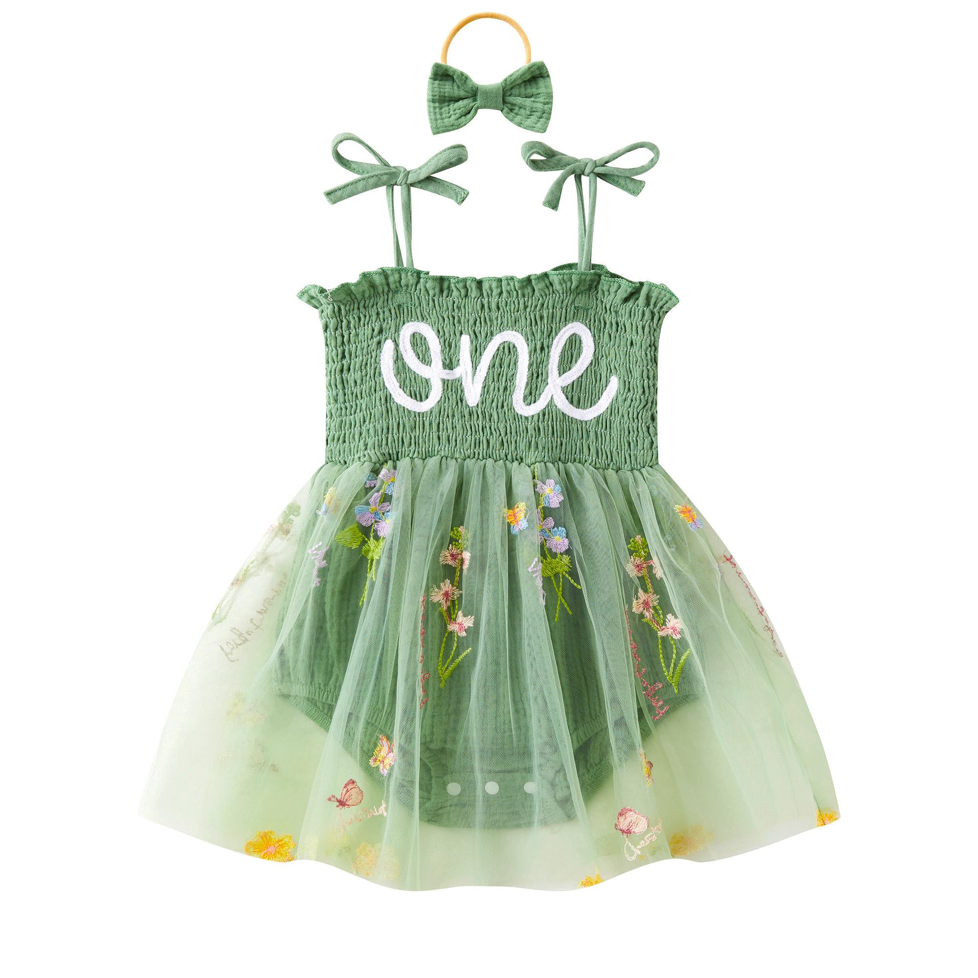 DLLYING 1st First Birthday Outfit Girl Baby Summer Sleeveless Smocked Fairy Berry Sweet 1 One Year Old Onesie Bodysuit Romper Tulle Dress + Headband Cake Smash Photo Shoot Clothes Green 1 Year