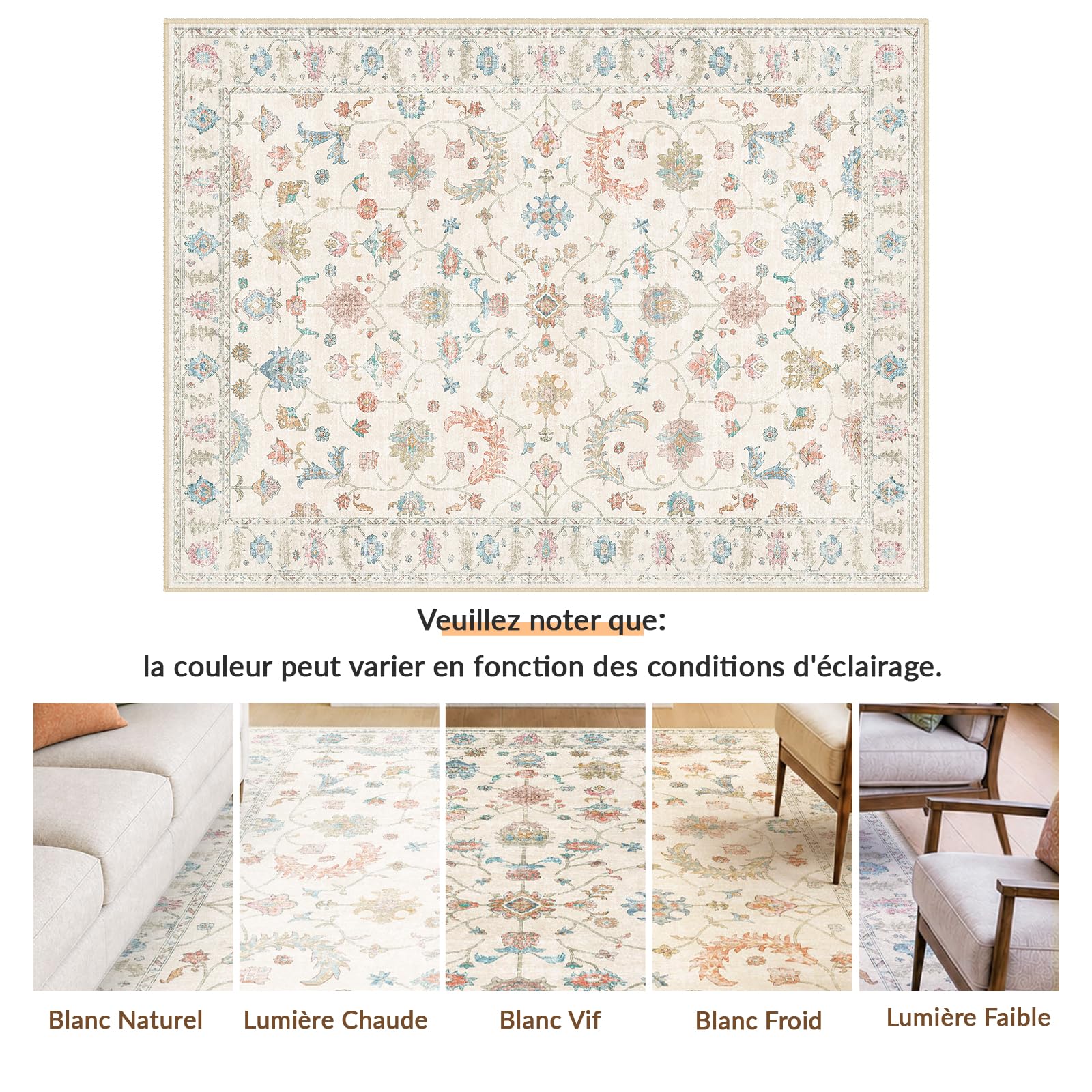 INOVADAY Tapis Lavable Antidérapant à Poils Courts Vintage Boho 140 x 200 cm pour Salon, Couloir, Chambre, Cuisine, Bureau, Salle à Manger et Entrée, Blanc crème