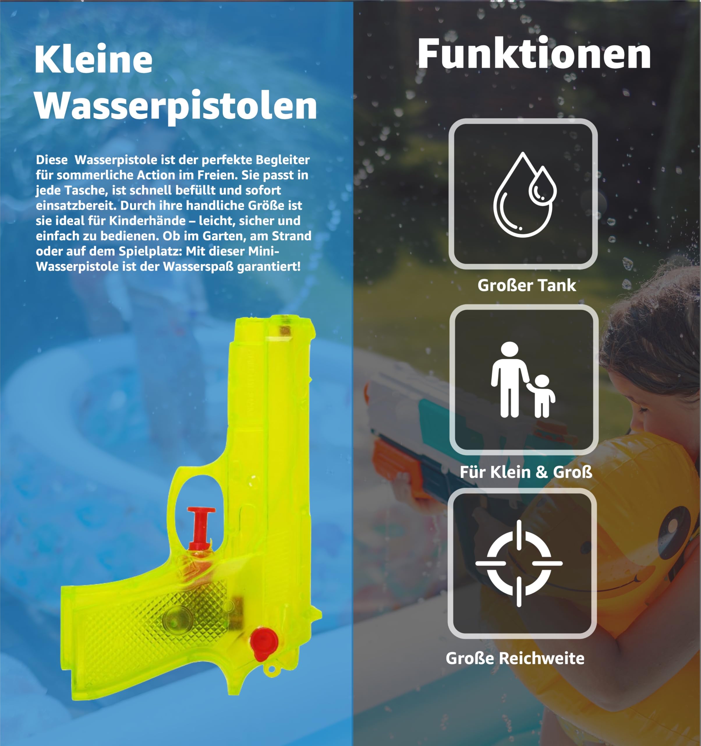Set di 3 pistole ad acqua, 15 cm, colorato, portata extra grande, pistola a spruzzo piccola, mini pistola a spruzzo per bambini
