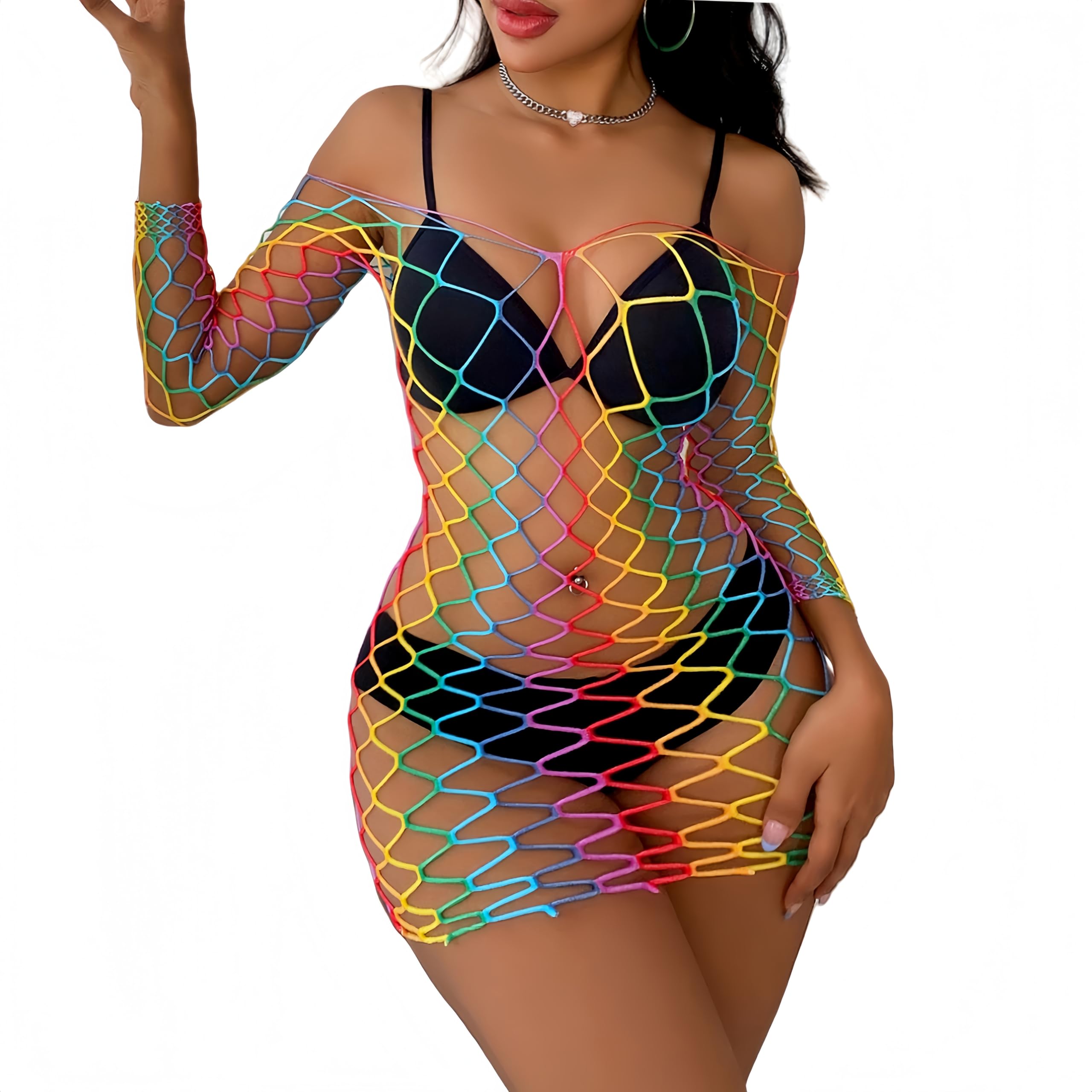 Fishnet Lingerie for Women Hollow Out Rainbow Mesh See Through Bodysuits Party Club