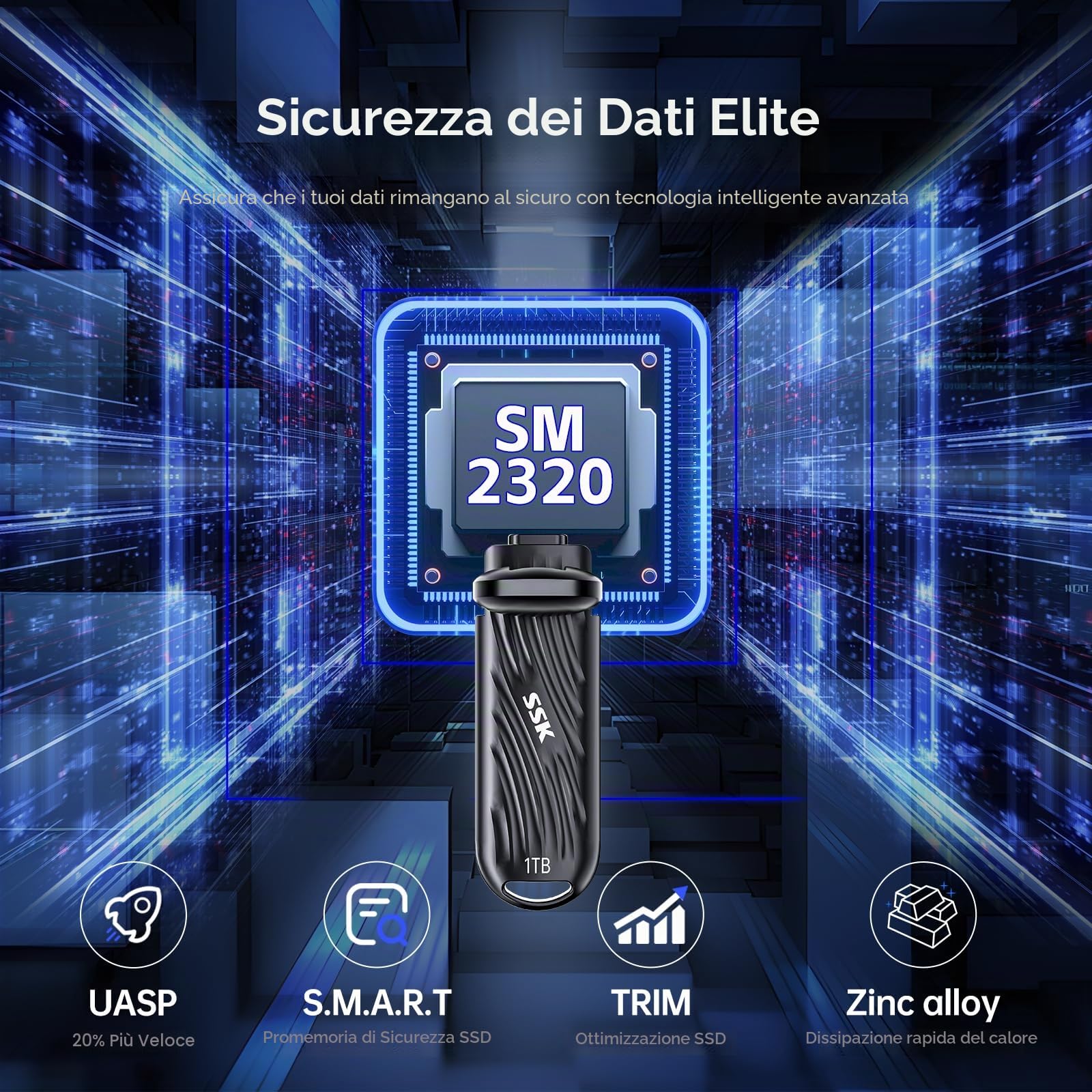 SSK 1TB SSD Esterno USB C Drive fino a 2000 MB/s, SSD Portatile USB 3.2 Gen 2X2 Unità a Stato Solido Esterne per iphone 15/16 Pro ProRes Mac/WTG/Android, lega di zinco