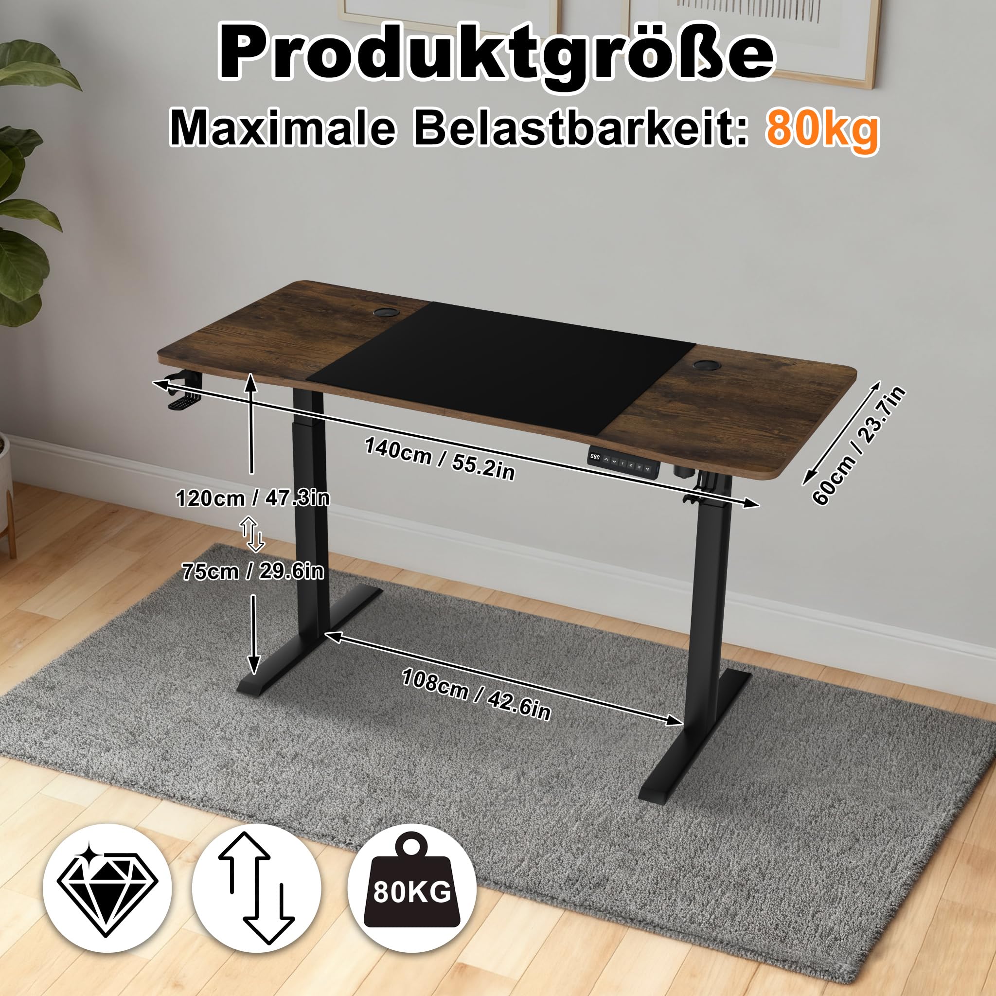 FIVMEN Höhenverstellbarer Schreibtisch 140x60 cm Elektrisch Computertisch Bürotisch mit Typ-C Ladeanschluss, Kopfhörerhake und Getränkehalter Elektrischer Steh-Sitz Tisch mit Memory-Funktion, Braun