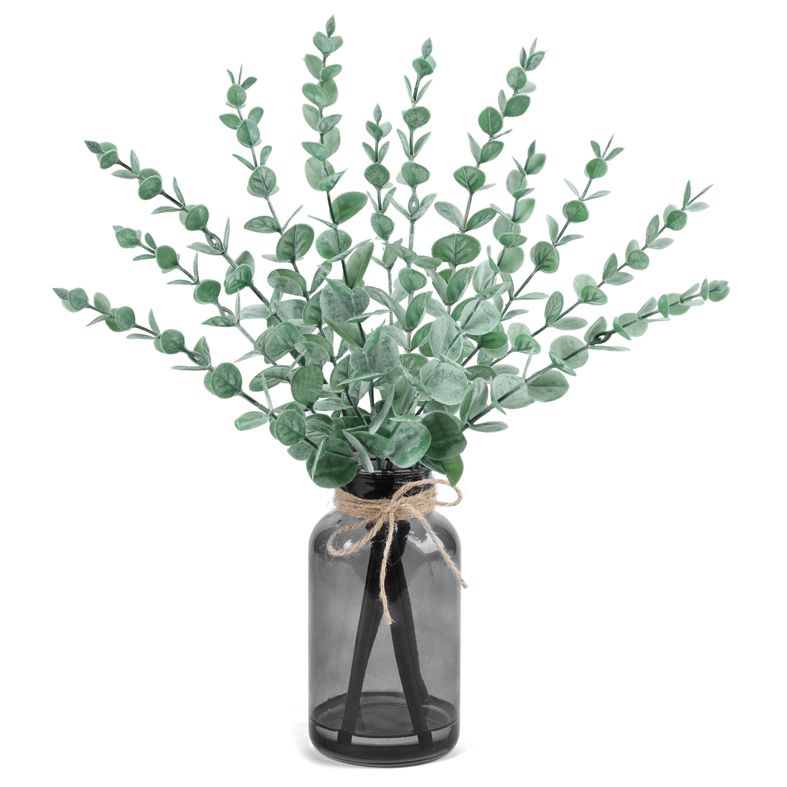 Der Rose 14.5" Fake Plants Artificial Eucalyptus Stems in Black Glass Vase with Faux Water for Bathroom Autumn Decor Office Desk Home Table Centrepiece Sage Green