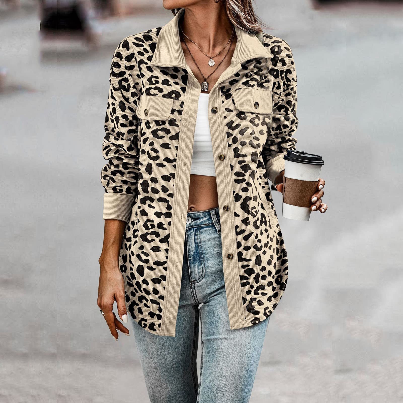 Generisch Damenbekleidung Damen Button-Down-Hemden mit Langen Ärmeln, übergroße Cordhemden mit Leopardenmuster, Lange Ärmel, Jacken, Mäntel mit Taschen Damen Mantel Hochzeit (Beige, L)