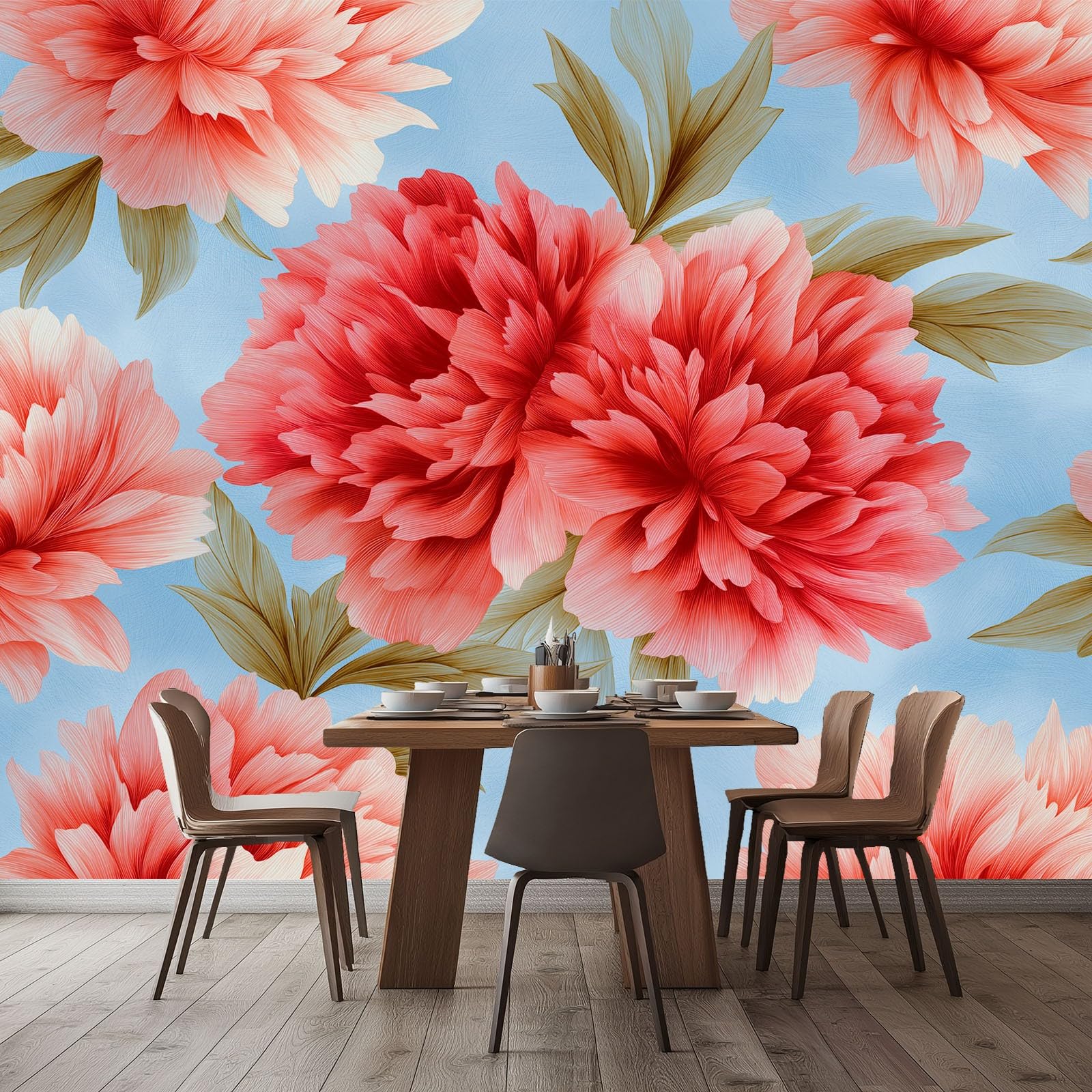 Generico Jasnoniebieska panoramiczna tapeta, elegancka kwiatowa różowa piwonia niestandardowe fototapety 350 x 256 cm (szer. x wys.) - dekoracje do salonu i sypialni