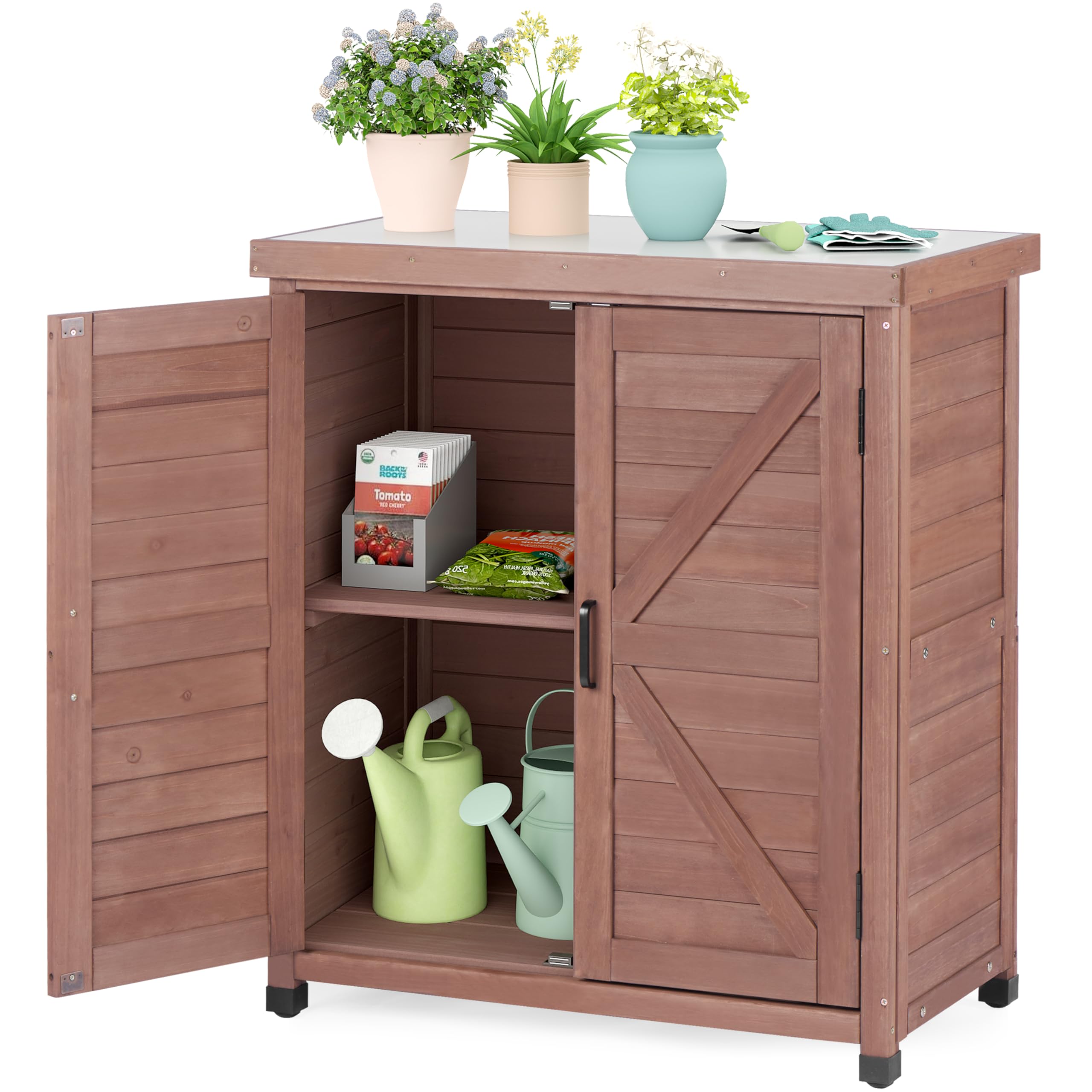 Outdoor Storage Cabinet & Potting Bench Table with Metal Top, Wooden Patio Furniture, Garden Workstation (Royal Brown, 36x31x17in)