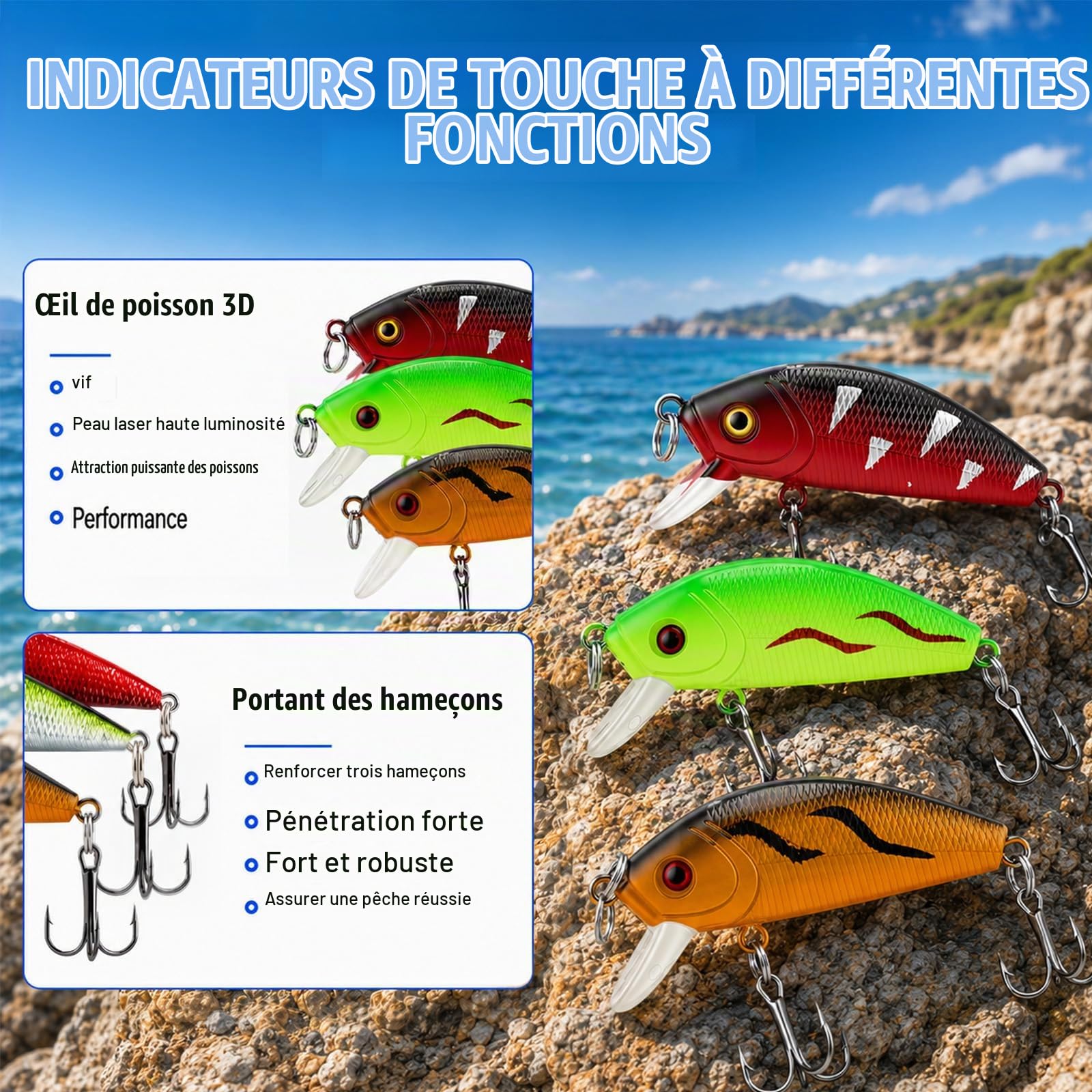Lot de 3 cannes à pêche télescopiques pour enfants - Avec moulinet 5.2:1 - Accessoires - Boîte à appâts - Sac de transport - Kit de démarrage pour débutant - Pour eau douce et eau salée - 1,8 m