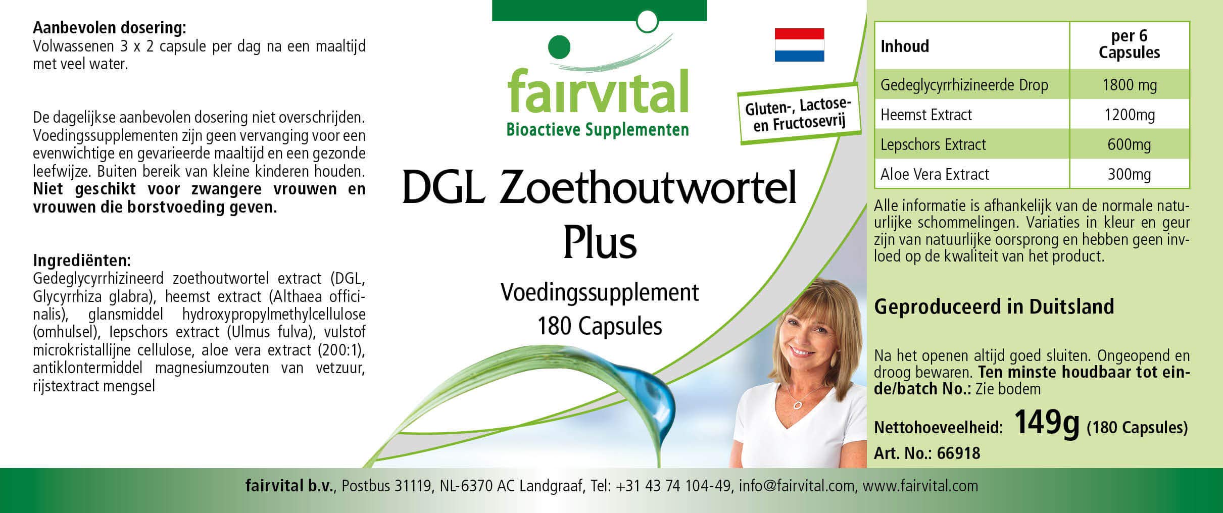 fairvital DGL Plus, 180 capsule, ALTO DOSAGGIO, VEGANO, con liquirizia, altea, olmo rosso e aloe vera