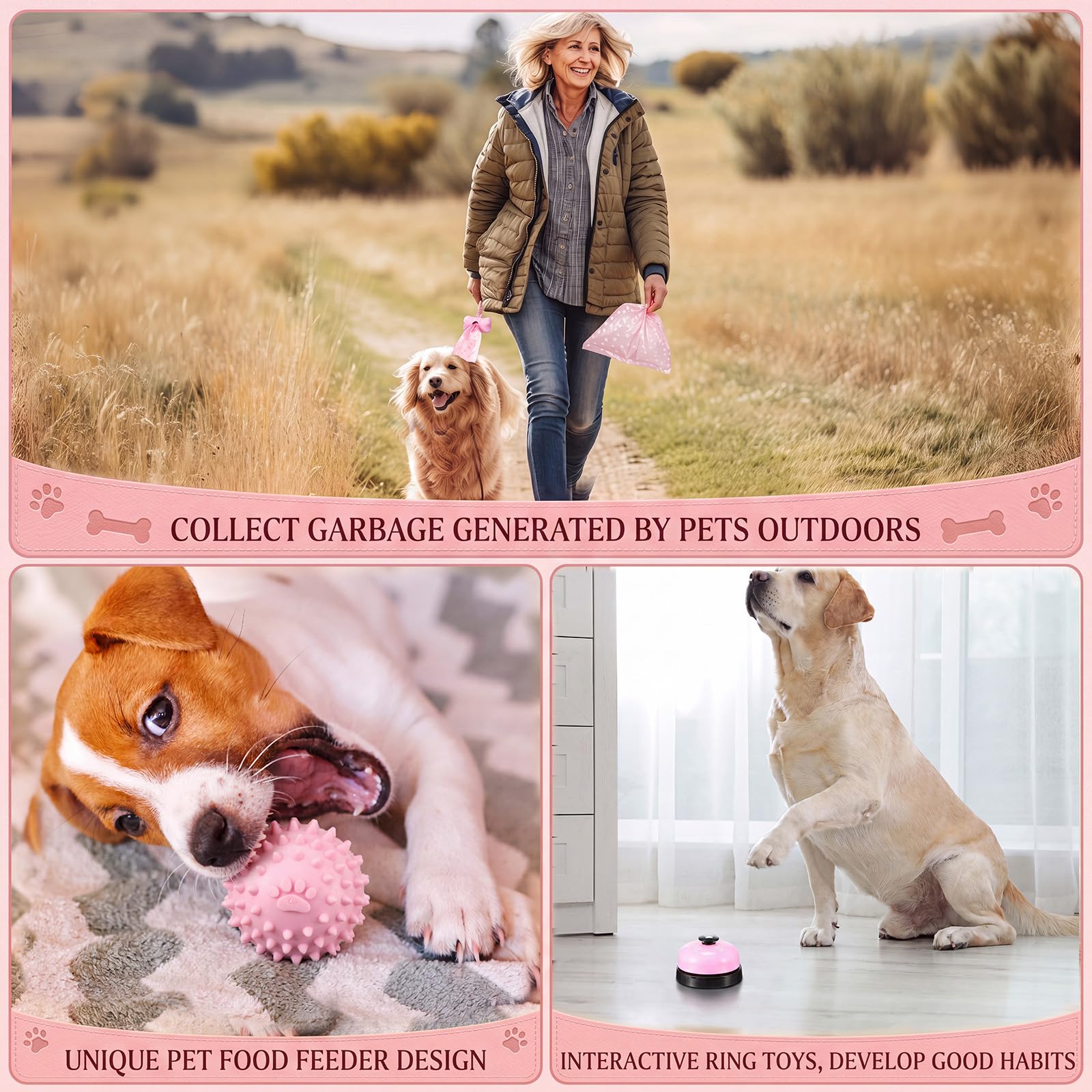 Zopeal 17-teiliges Sommer-Welpen-Geschenk-Set, Hundespielzeug und Essentials-Set mit Kauspielzeug, Kotbeutelspender, Fellpflegebürste, Trainingsglocke, Decke und Seilkorb (Rosa, Esel)