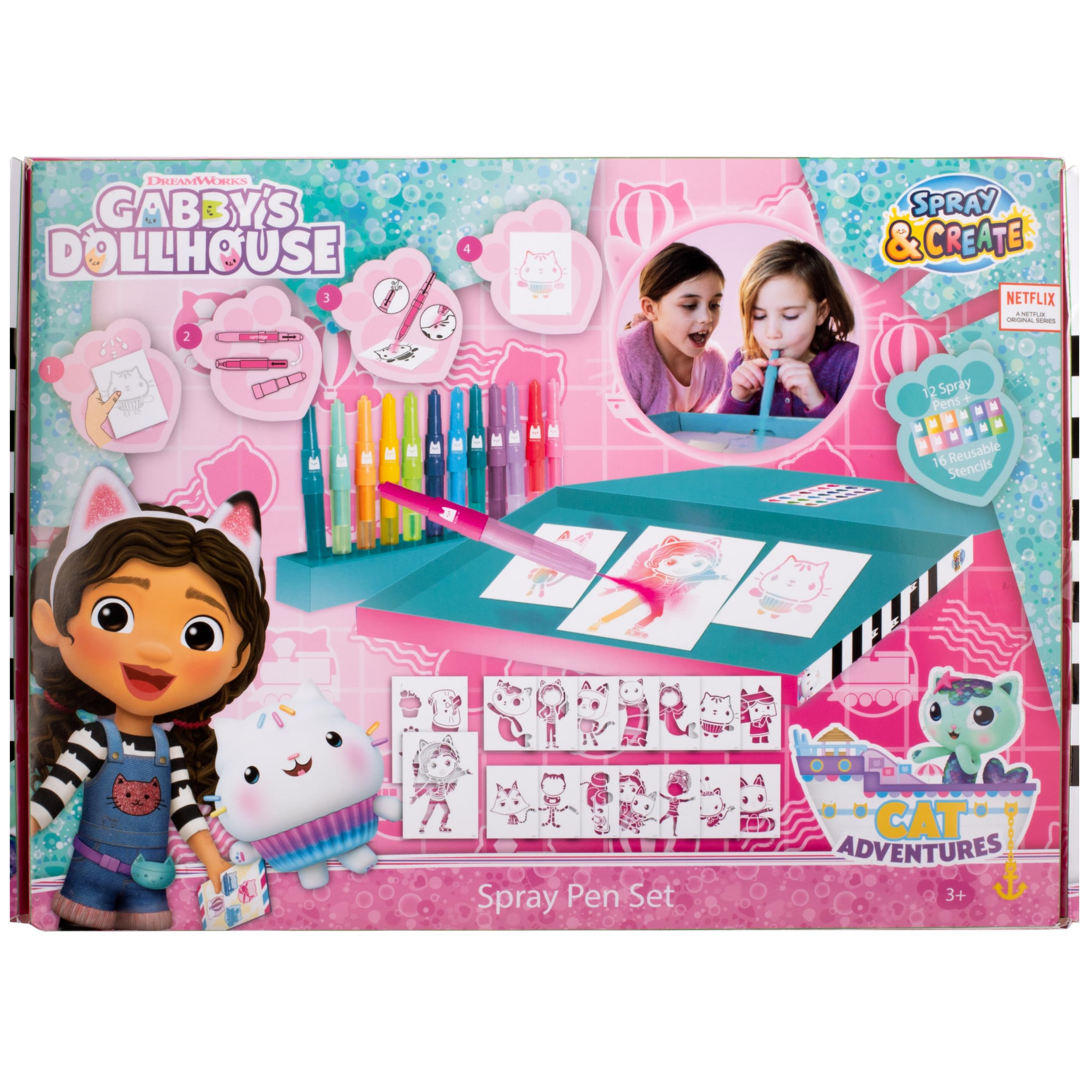 Gabby's Dollhouse - Spray Pen Set Desktop Box (GD23368) - Kit de Stylos Pulvérisateurs pour Colorier et Dessiner - 12 Stylos et 16 Pochoirs pour Créer des Couleurs et des Dessins Uniques