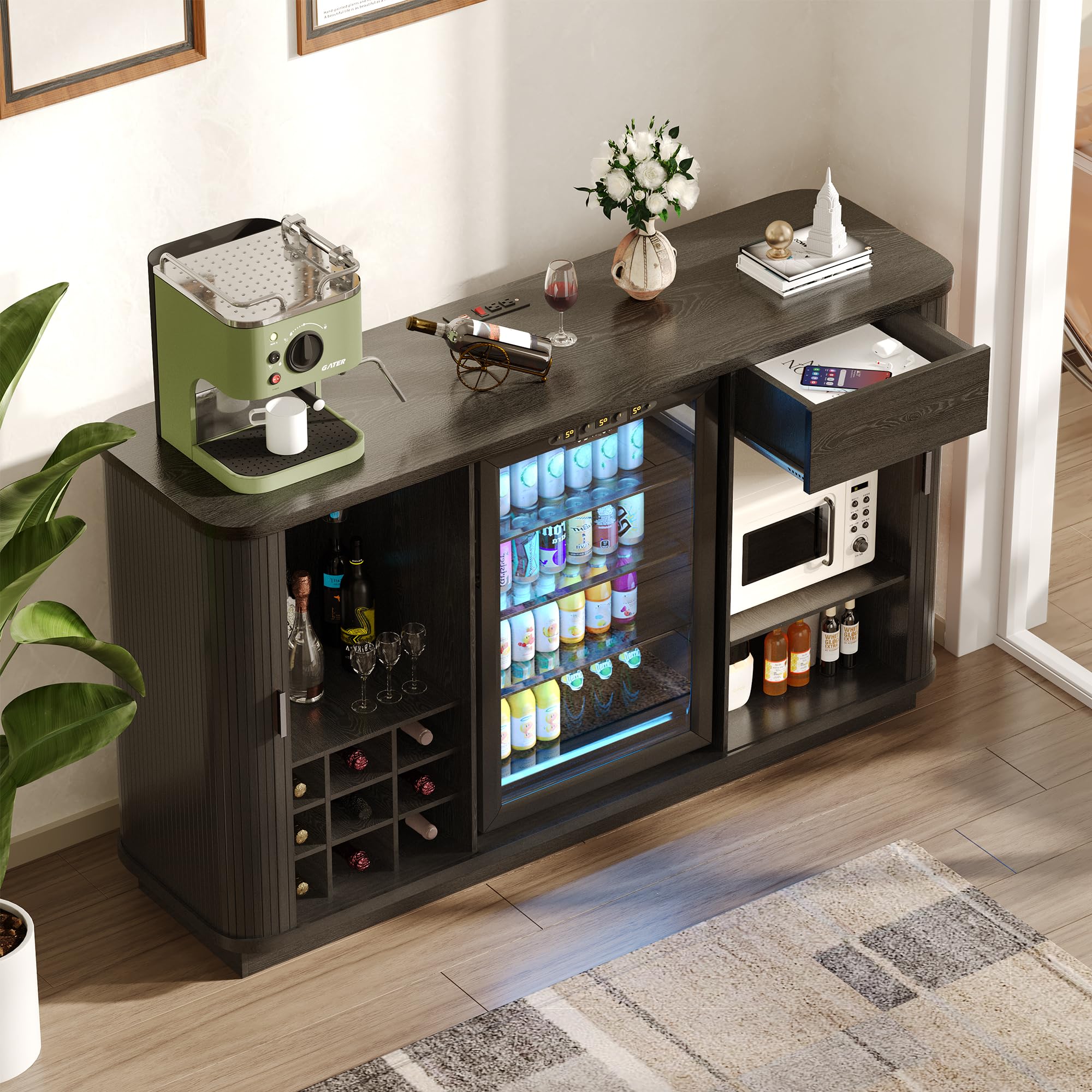130 cm langes, geriffeltes Buffet-Sideboard mit Kühlschrankfach, Retro-Weinbarschrank mit Rolltüren, verstellbaren Einlegeböden und Weinregal für Küche und Esszimmer