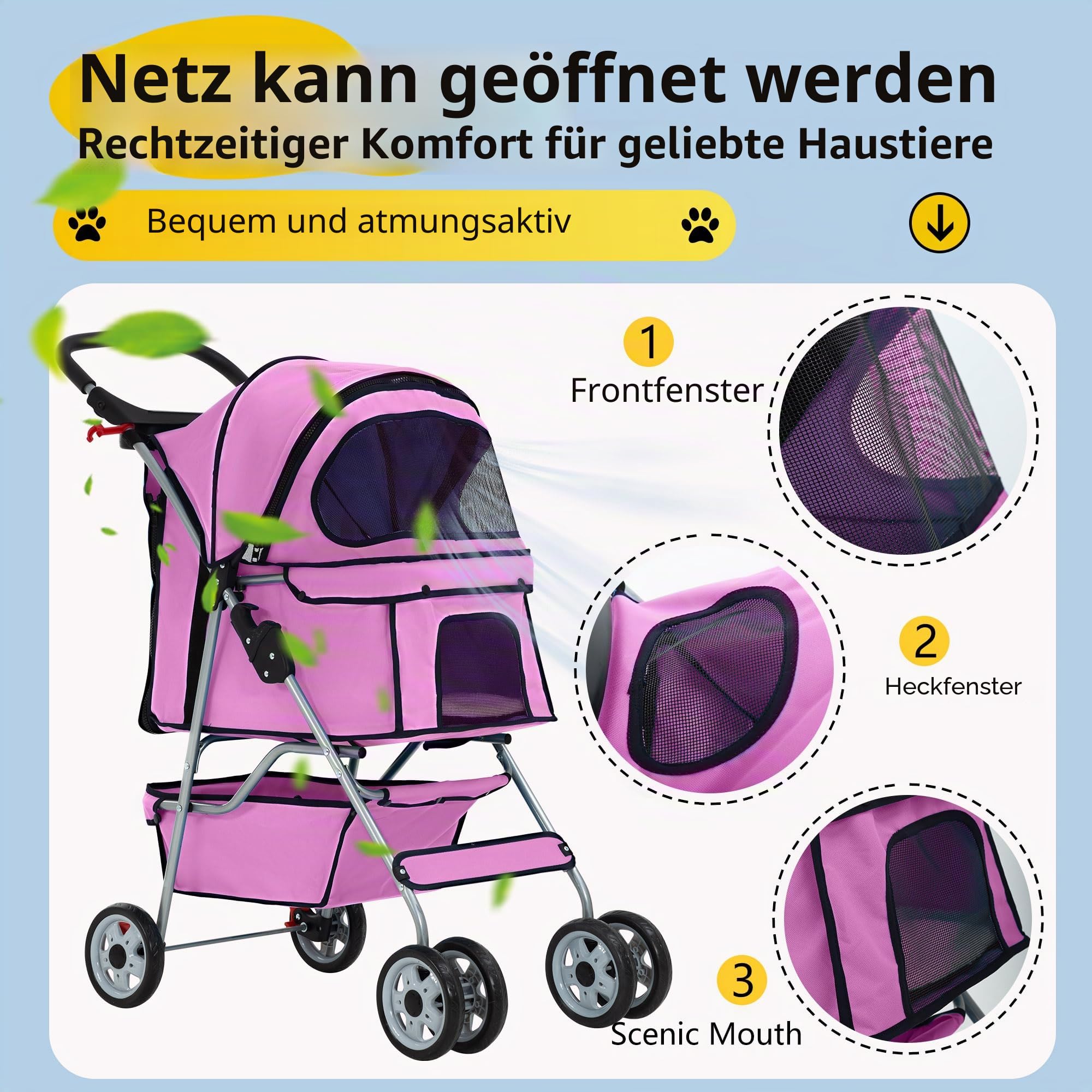 FDW Hundewagen, Faltbar Hundebuggy, Katzenwagen mit 2 360°Drehrädern, Inkl. Aufbewahrungskorb,Kissen&Netzfenstern Getränkehalter 4 Räder, bis 15 kg, Klappbar Haustierbuggy Jogger Buggy, Rosa
