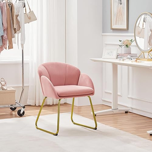Miniatura 5 de Yaheetech Silla de tocador de terciopelo en forma de flor, sillón lateral moderno, silla de maquillaje sin ruedas con patas de metal dorado para