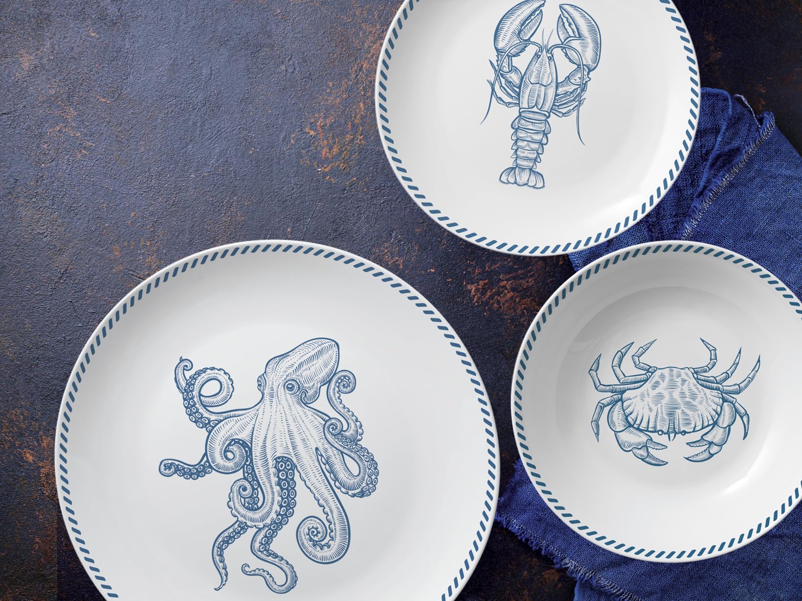 H&H – Vajilla de 18 piezas Ocean, porcelana decorada con forma coupe, apta para microondas y lavavajillas
