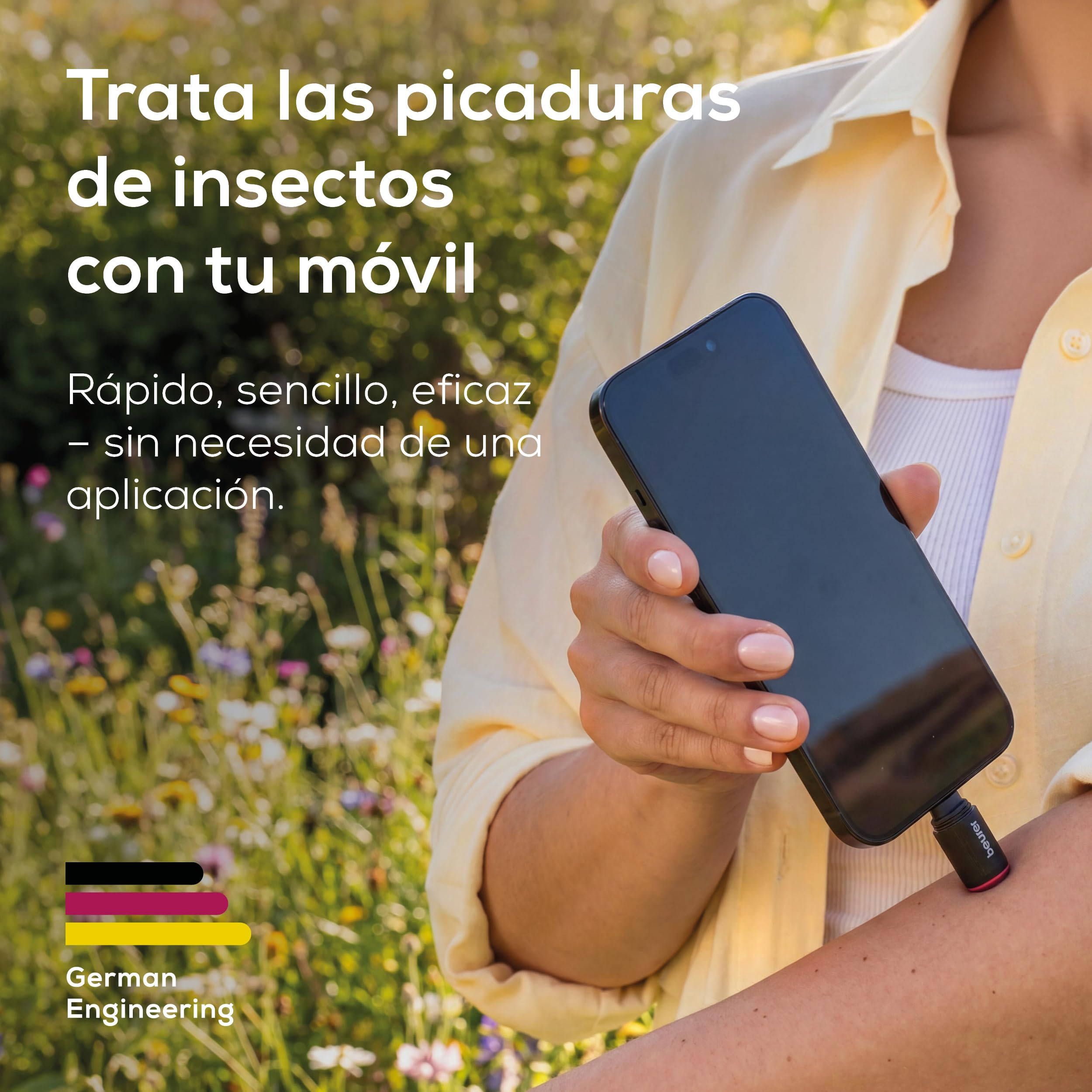 Beurer BiteX Go Deep Black Aparato contra picaduras de insectos para smartphone, tratamiento de mordeduras y picaduras, alivia el picor, para móvil Android y iPhone (USB‑C), con luz