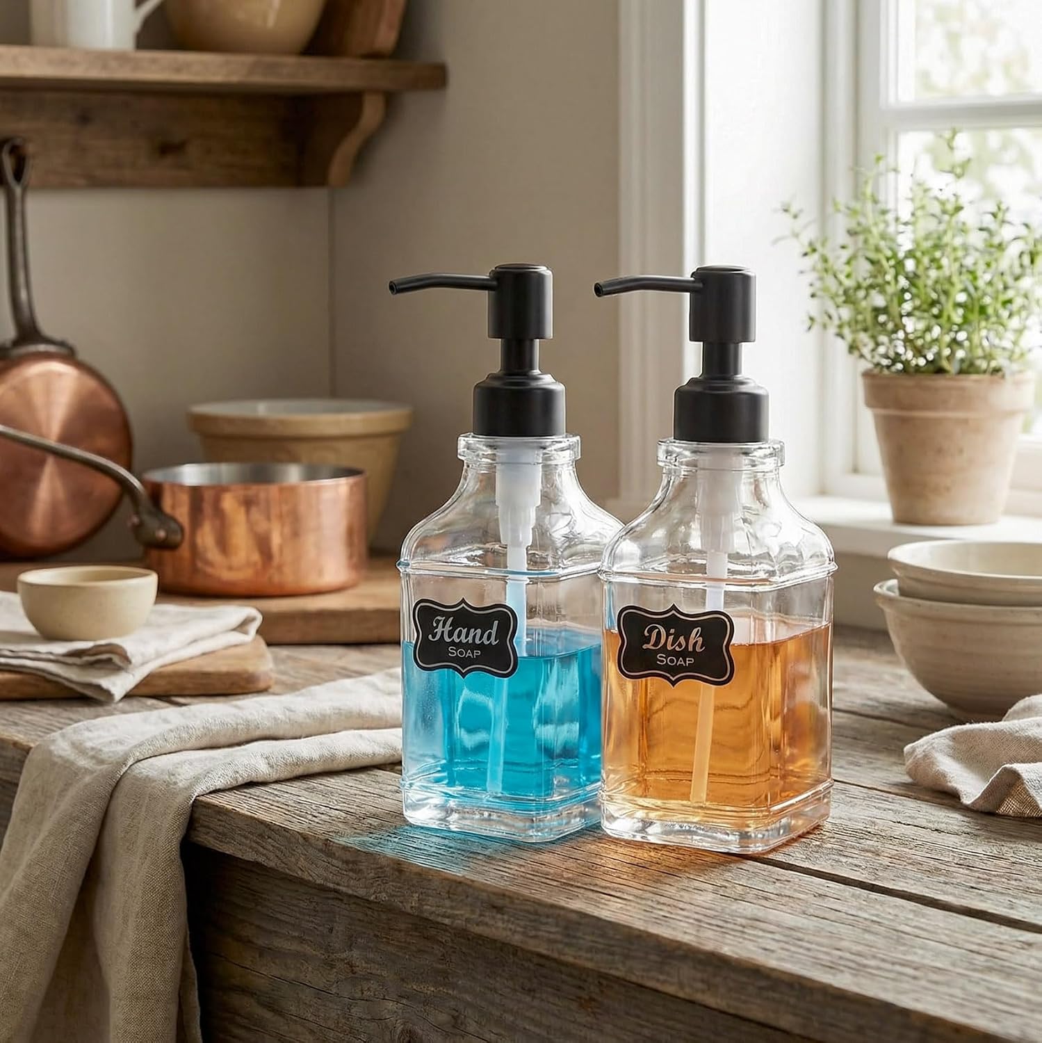 JASAI 2Pack Hand & Dish Glass Soap Dispenser with Black Rust Proof Pump