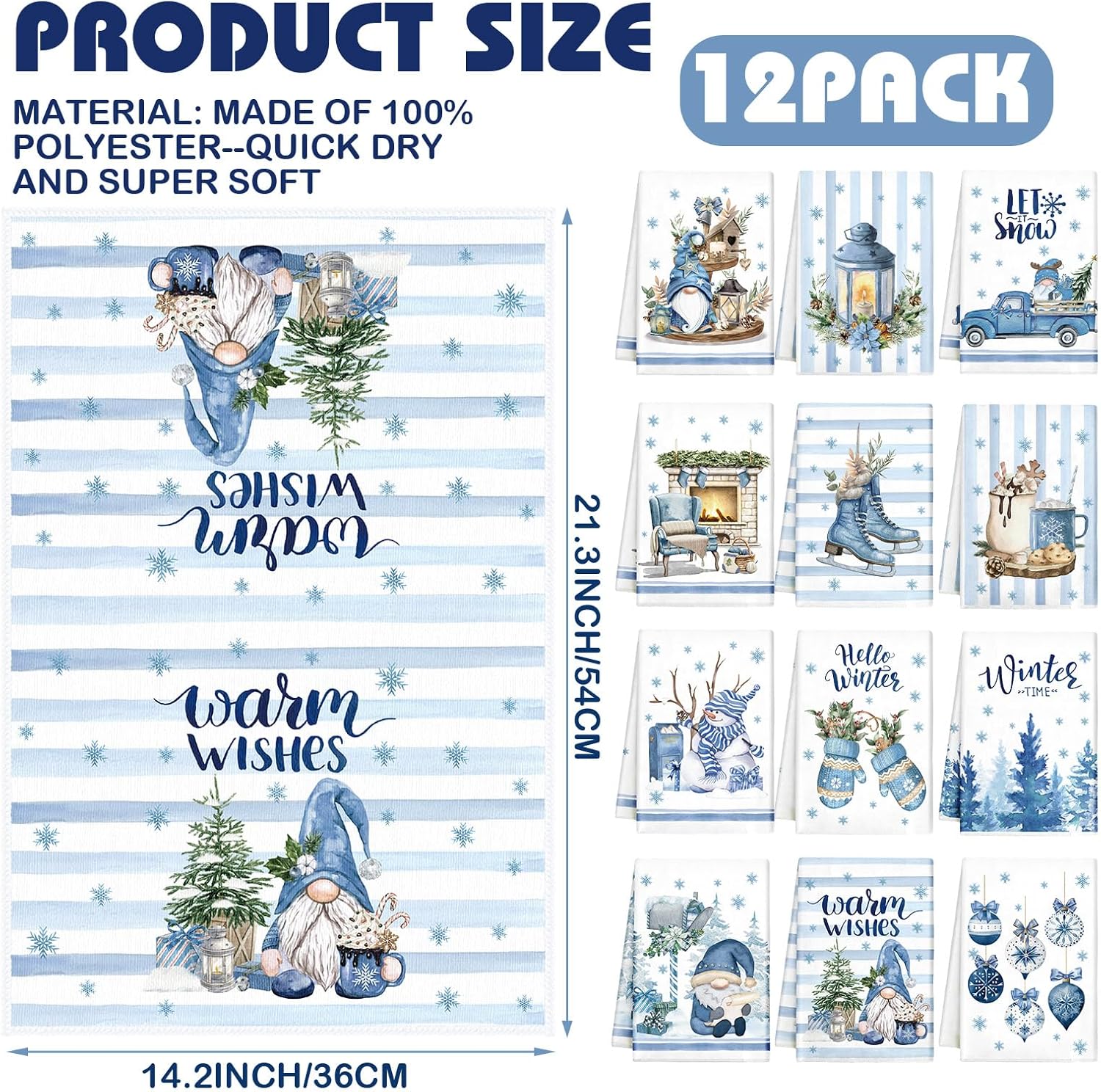 VitalCozy 12 Pcs Blue Christmas Kitchen Towels Hello Winter Dishcloths Snowman Gnomes Snowflake Tea Christmas Hand Dish Towels Let Snow Decoration for Baking Holiday Bathroom Xmas Home Gift Supplies