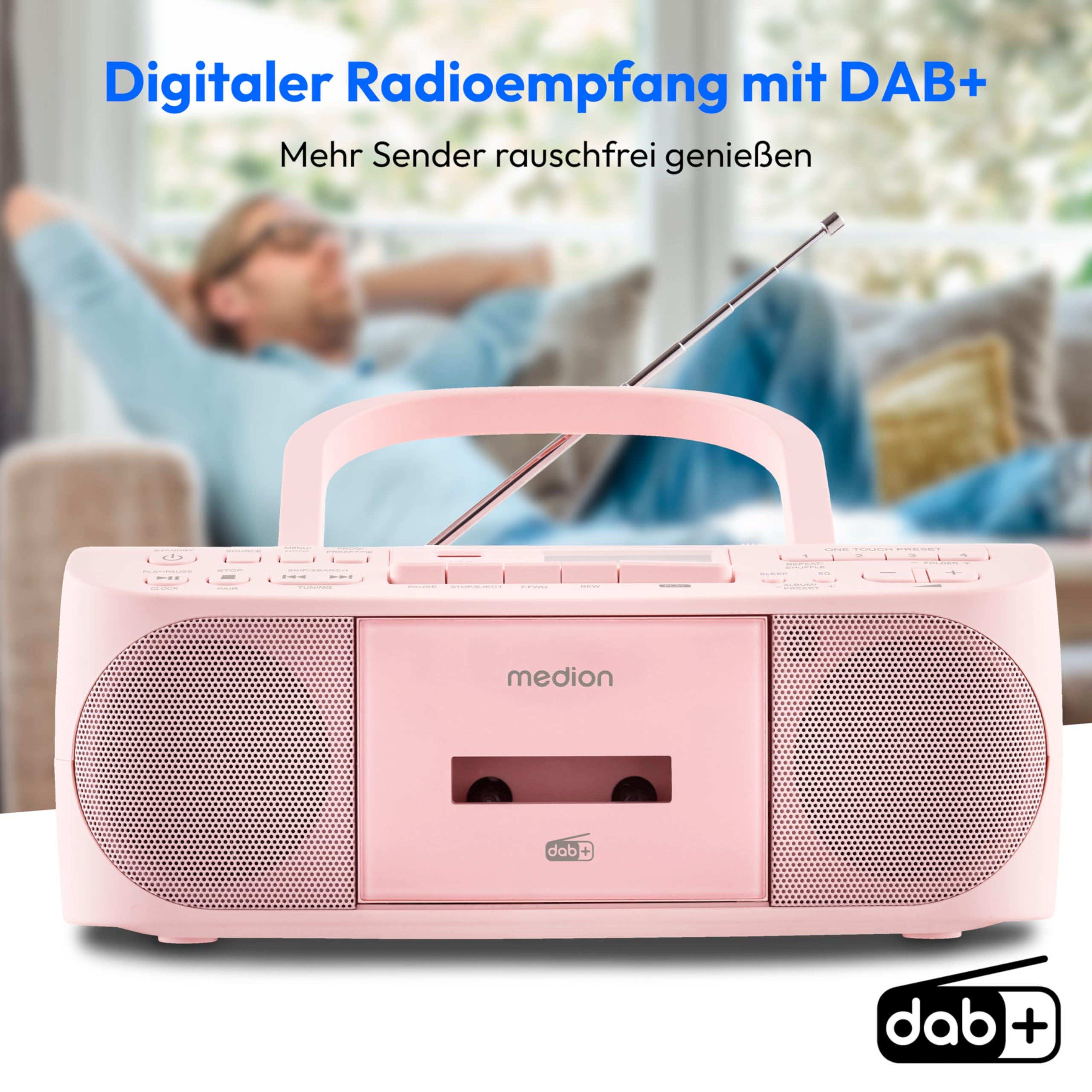 MEDION DRX-1 Plus Boombox (przenośne radio DAB+ FM, Bluetooth, odtwarzacz CD, MP3, kaseta, gniazdo słuchawkowe, system stereo Sound, AUX, sieć i bateria) różowy