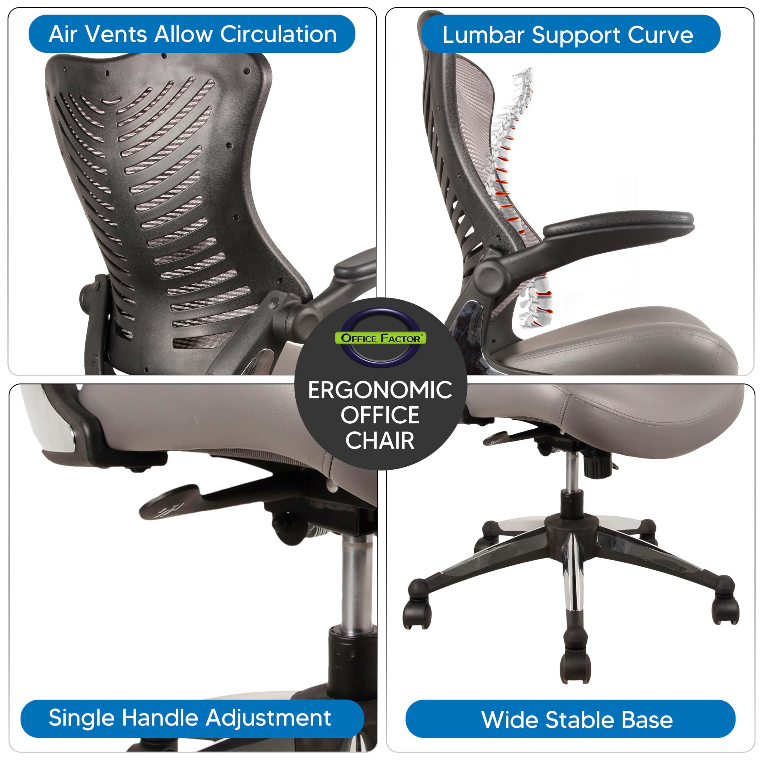 OfficeFactor Executive Ergonomic Computer Office Chair Back Mesh Bonded Leather Seat Flip-up Arms Lumbar Support Molded Foam Seat — view 8