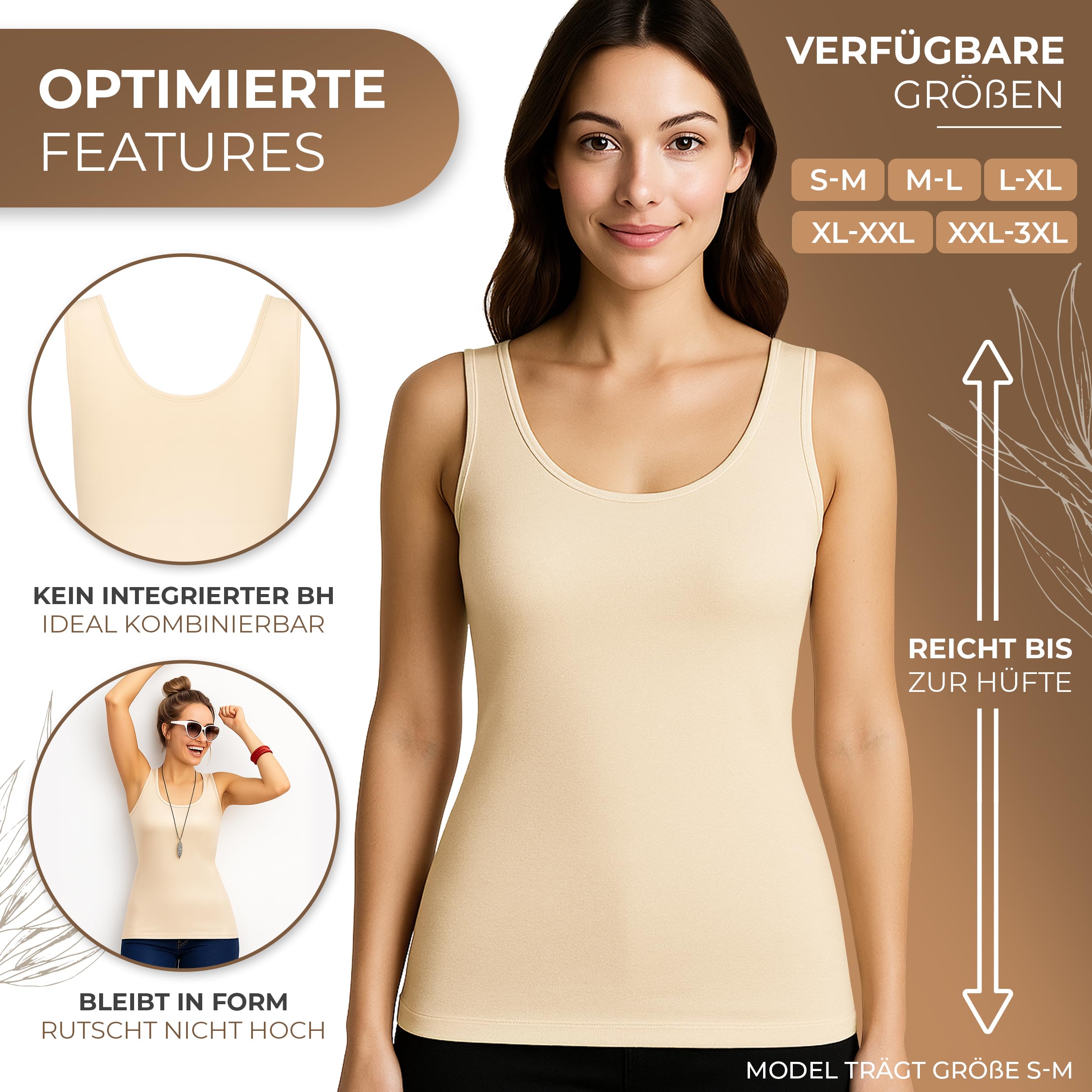UnsichtBra 3er Pack Shape Damen Unterhemden Longshirt | Basic Wohlfühl Mikrofaser Damen Top ohne Bügel | Bauchweg Tops Unterhemd Frauen Weiss Schwarz Beige