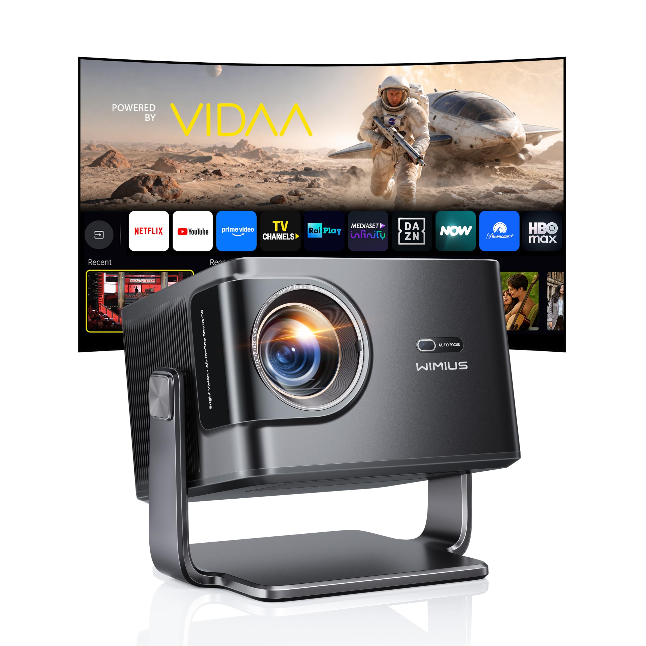 【2500 ANSI/56W Dolby Hi-Fi】Proiettore 4K Smart TV Vidaa Sistema AirPlay2 Controllo Vocale, Videoproiettore Rotazione 225° Regolazione AI 1080P HDR10 Wimius Proiettore da Esterno/Casa
