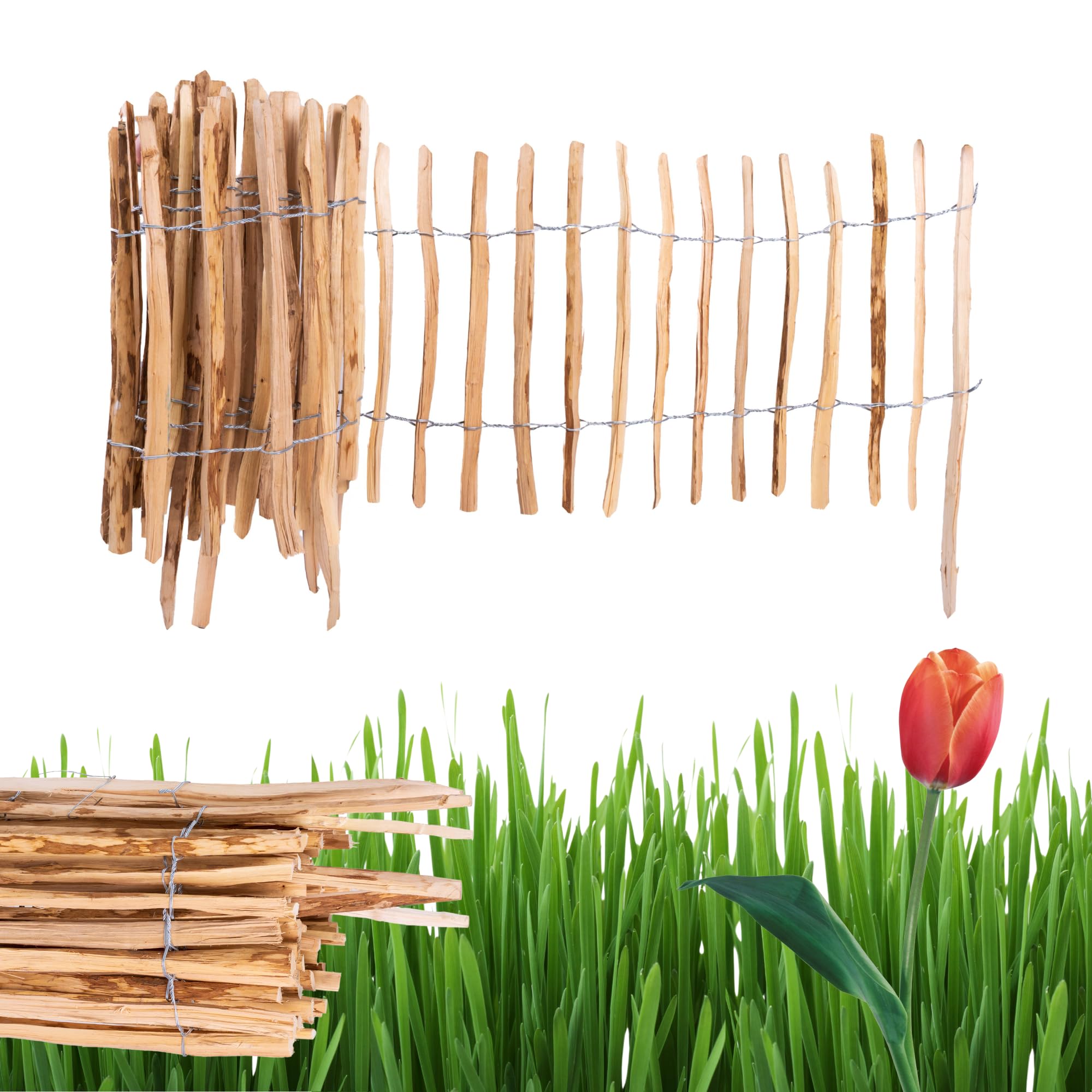 Staketenzaun H:50 cm L:5m Lattenabstand 7-8 cm Gartenzaun Beetumrandung Haselnuss Holz Steckzaun Holzzaun Zaunelemente Rollzaun Rollboarder