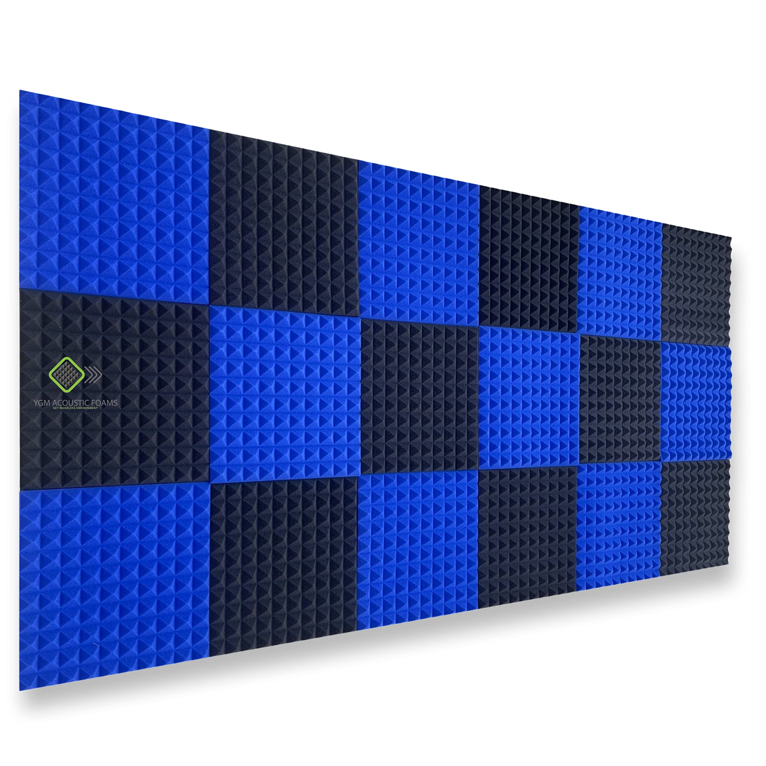 YGM Acoustic Foams® Pyramid Acoustic Panels 1'×1'×1″ Thick | 50 Density Acoustical Sound Proof Foam for Room & Studio | Echo Reduction & Noise Absorption | Set of 18 (Blue & Black)