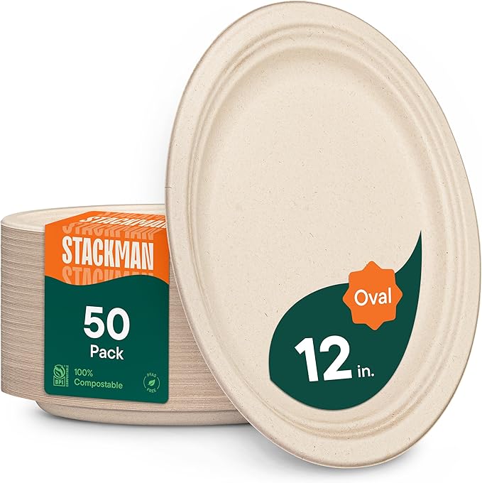 100% Compostable Oval Paper Plates [12.5 inch - 50-Pack] Elegant