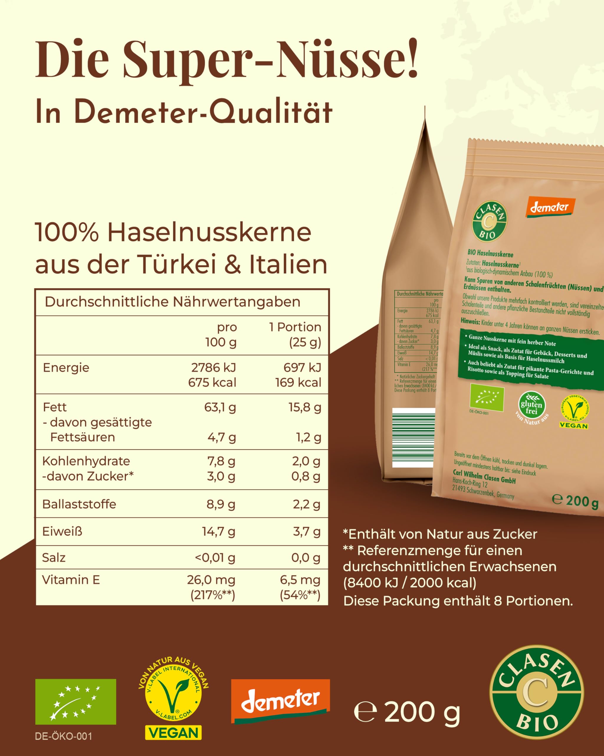 3x CLASEN BIO Demeter Haselnusskerne ohne Schale - 200g