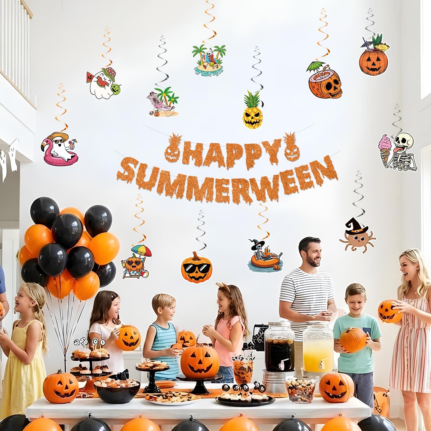 Summerween Decorations Banner And Spiral Set For Bright Spooky Banner, Summerween Party Decorations With Hanging Swirls For Indoor Outdoor Home Celebration