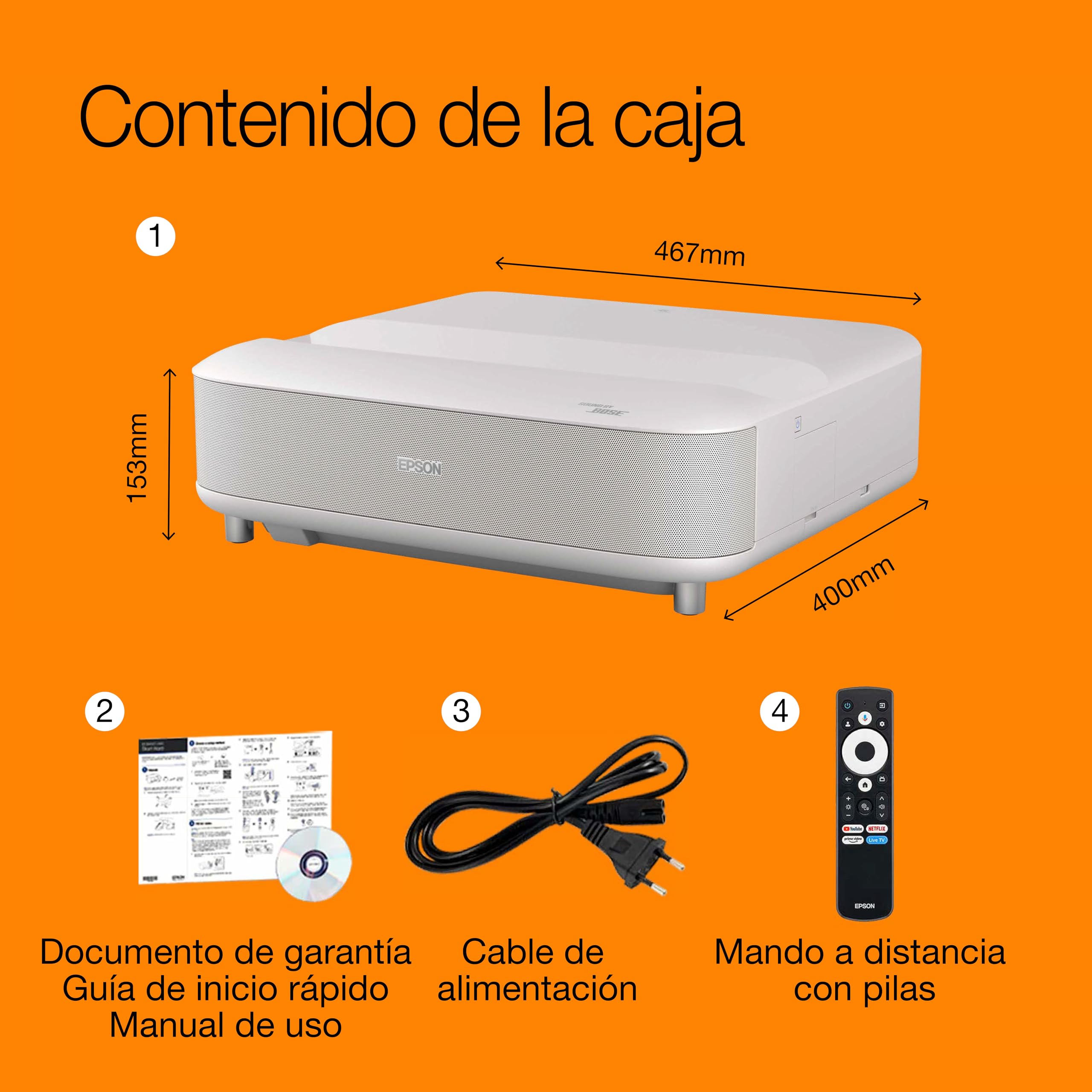 Epson Lifestudio Grand EH-LS670W | Proyector láser Smart TV de distancia ultracorta | 4K Pro‑UHD | 3600 lúmenes | Imágenes con IA | Sound by Bose | Google TV | Hasta 120″ | Garantía de 5 años | Blanco