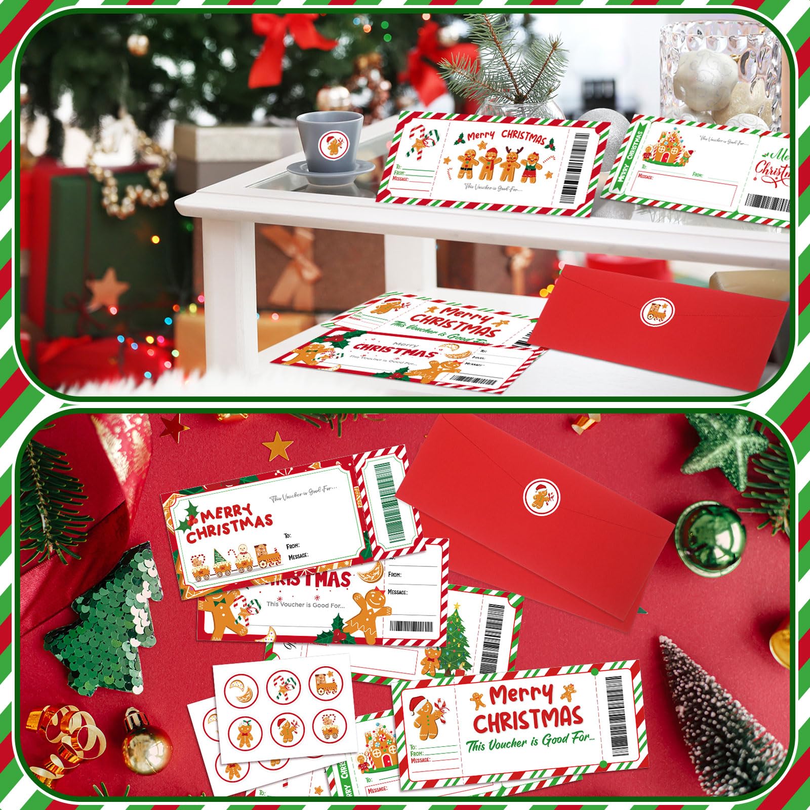 Tenare 48 Sets Weihnachtsgutschein-Gutschein-Buch, blanko, Weihnachtsgutscheine, Geschenkgutscheinkarten mit rotem Umschlag und Aufkleber, für Geschäftserfahrung, Geschenk, Weihnachtsfeier