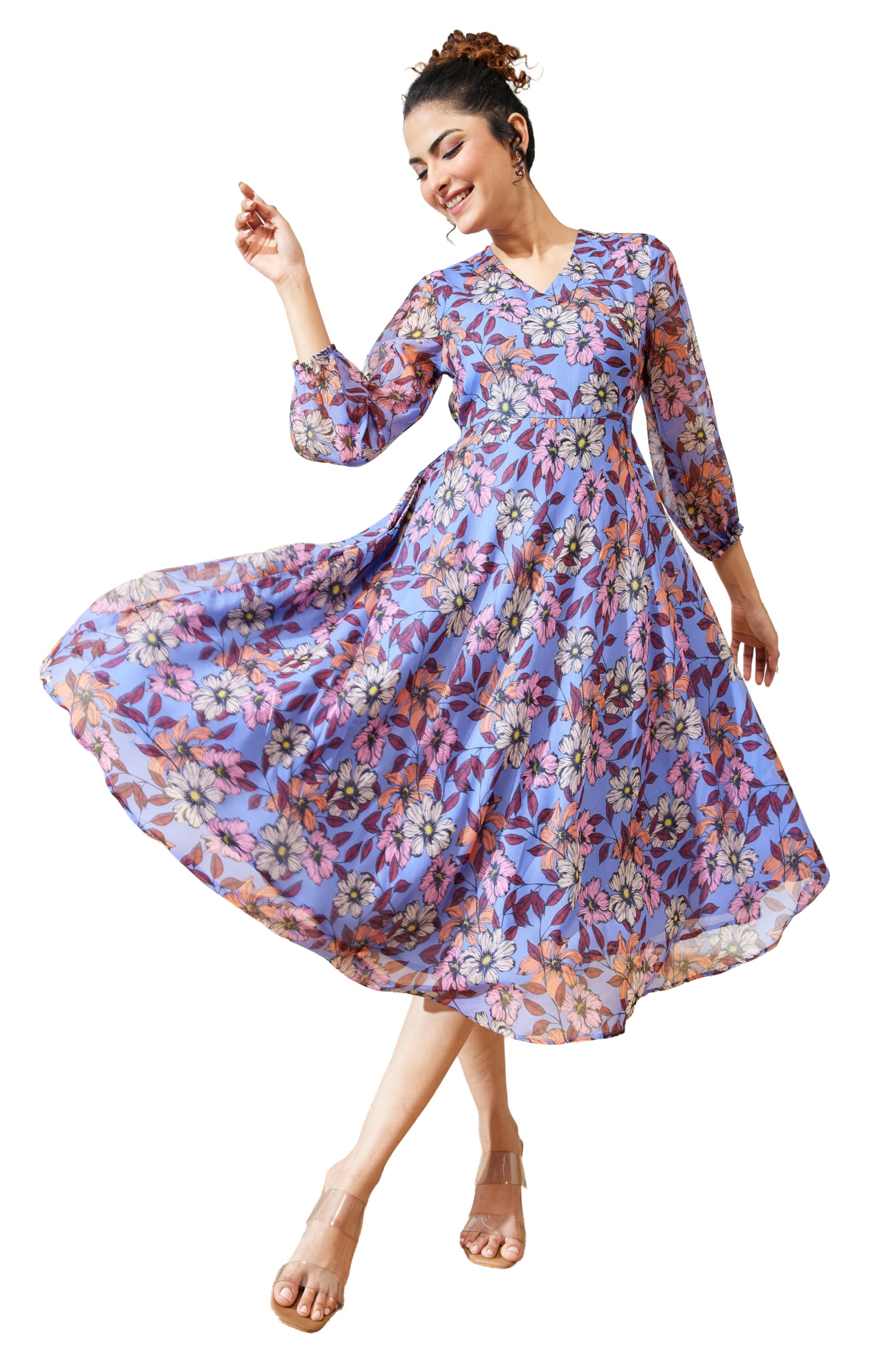 janasya Women's Lavender Georgette Floral Printed A-Line Dress-picture-32