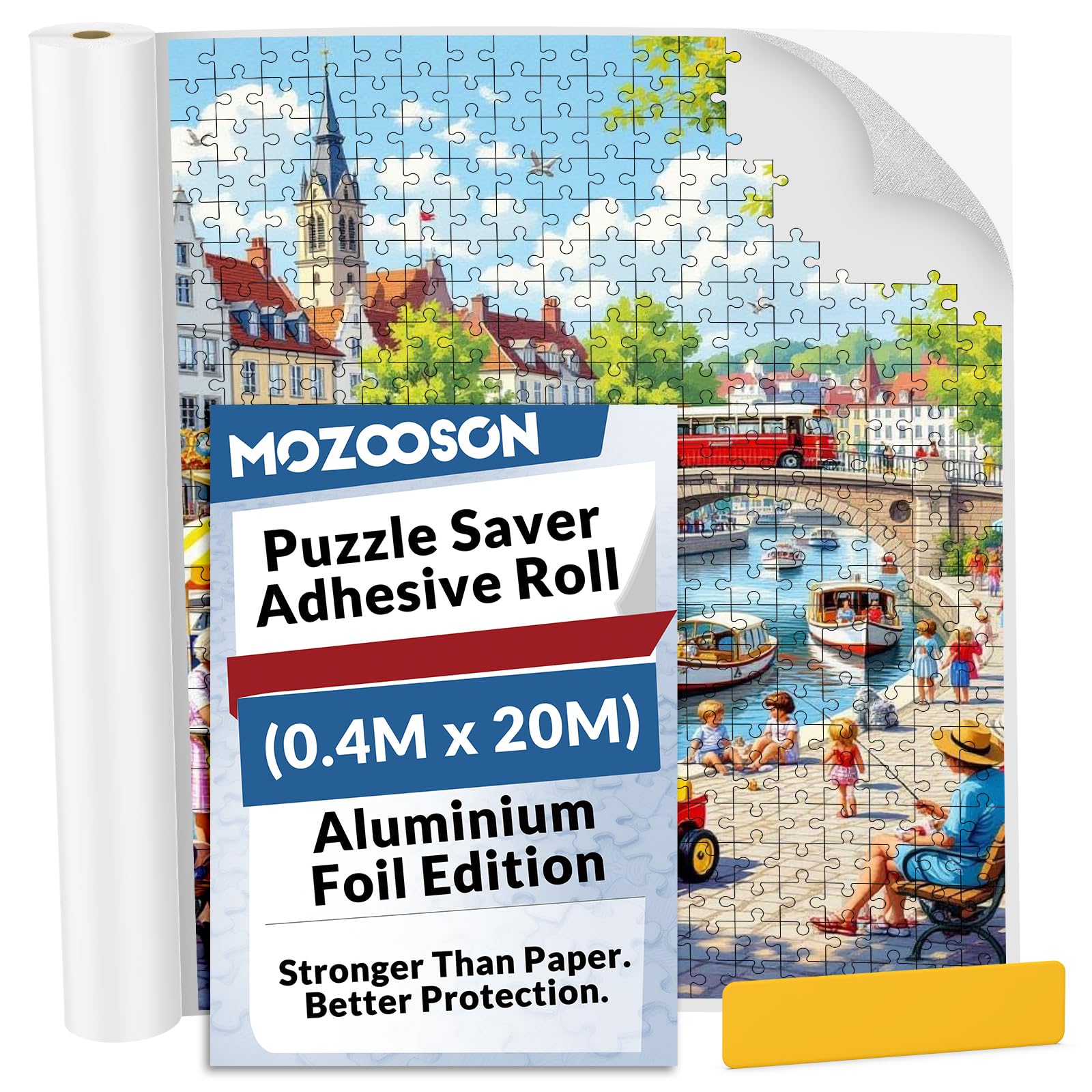 Pegamento para Puzzles en Rollo - 40cm x 20m Lámina Adhesiva de Aluminio para Conservar Puzzles Hasta 20 x 1000 piezas, Soporte Reforzado Anti-Humedad y Sin Deformación, Incluye Espátula de Aplicación