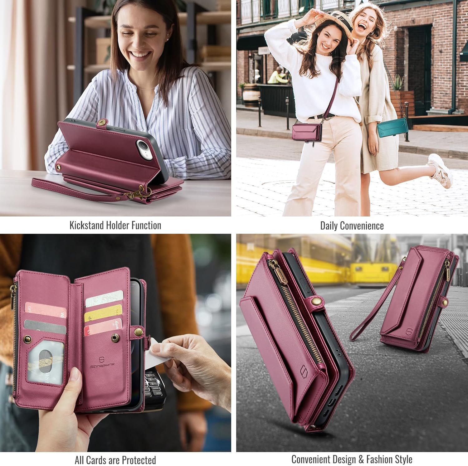 Strapurs Crossbody Wallet Case Compatible with iPhone 17e / iPhone 16e RFID Blocking 7-Card Holder PU Leather Magnetic Snap Shoulder Strap Zipper Pocket Phone Cases for iPhone 17e / 16e - Wine Red