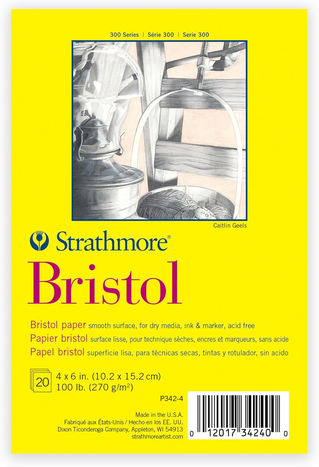 Strathmore 300 Series Bristol Paper Pad, Smooth Texture, Tape Binding, 20 Sheets, White, 4x6 inch, 1 Count