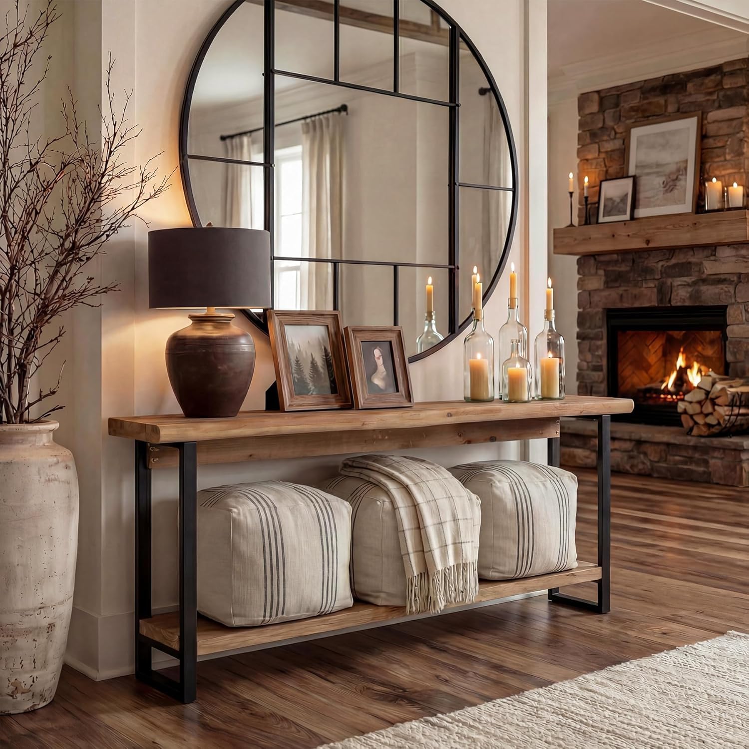 Massivholz Konsolentisch, 160cm Extra Langer Konsolentisch, 2 Stufiger Schmaler Bauernhaus Wohnzimmertisch für Eingangsbereich, Flur, Foyer, Rustikales Braun
