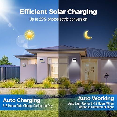 Miniatura 3 de Peasur Luces solares con sensor de movimiento para exteriores, paquete de 2 140 luces LED para valla, impermeable, marco blanco, iluminación de