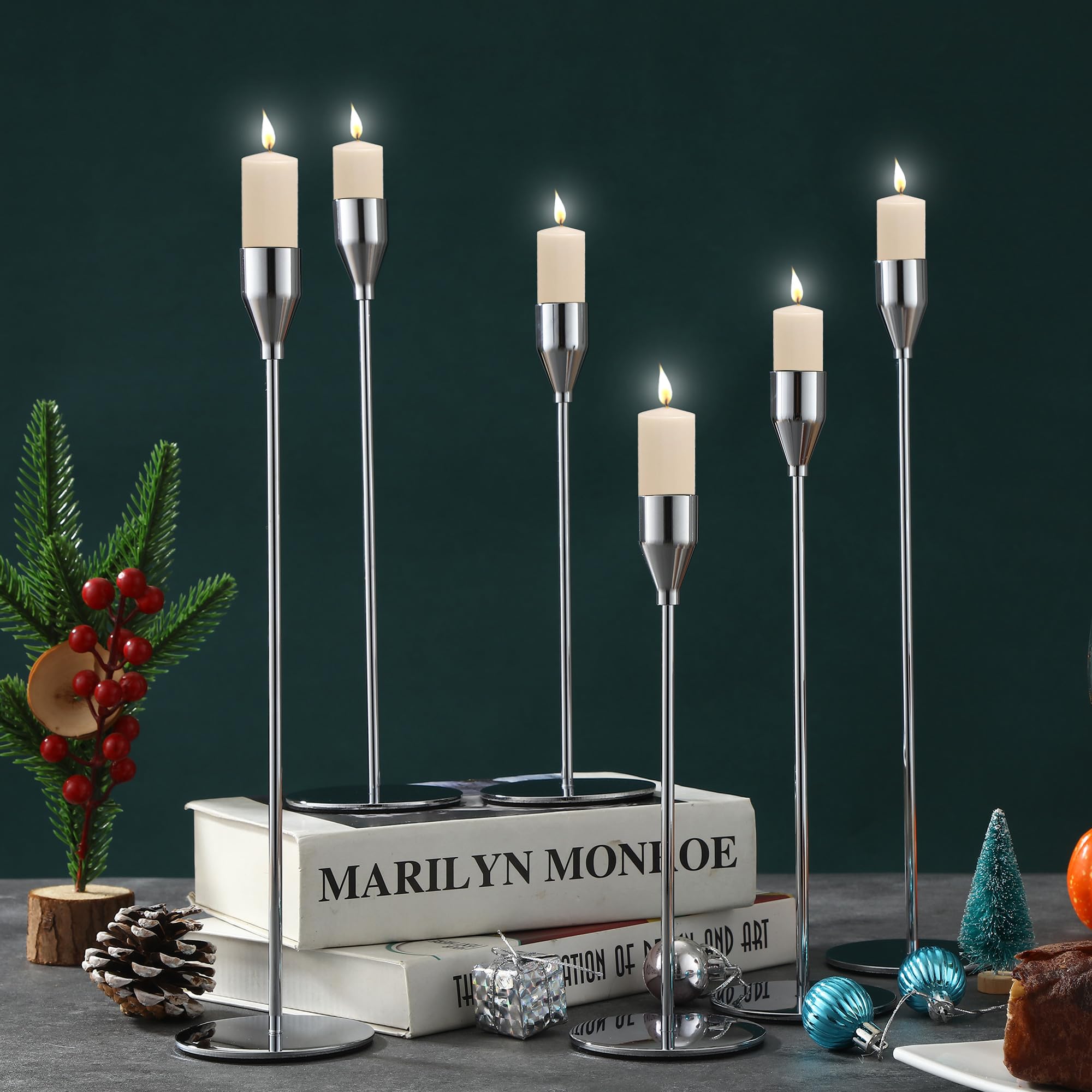 Kerzenständer 6 teiliges Set, 6 Kerzenständer Silber, Konischer Kerzenhalter in 3 verschiedenen höhen. Kerzenhalter anwendbar auf Hochzeit, Coming of Age Zeremonie, Geburtstagsfeiern