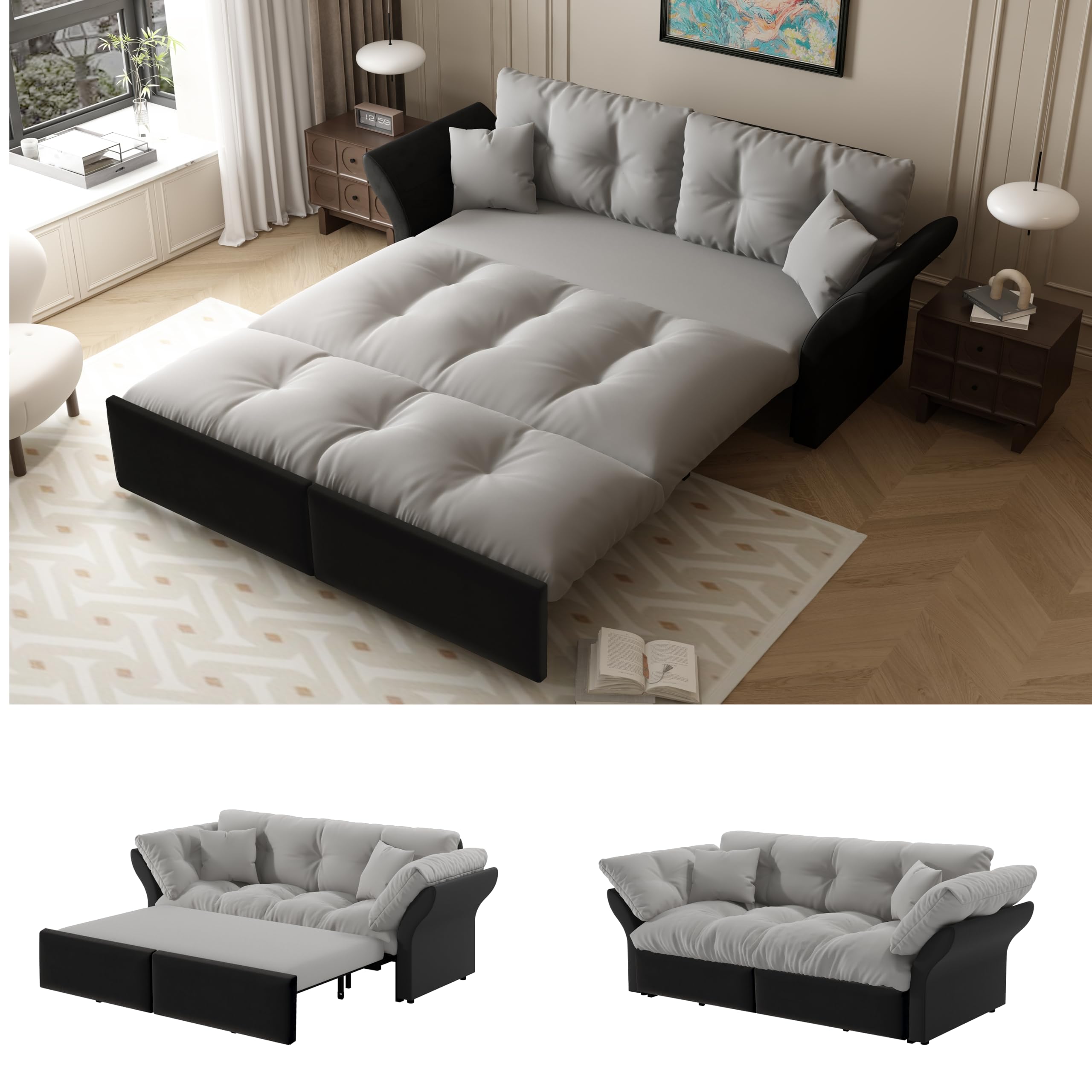 Generisch Konwertowalna sofa z funkcją spania 3 w 1 3 w 1, welurowa, rozkładana sofa z tuftingiem i 2 miękkimi poduszkami, wielofunkcyjne łóżko do salonu, sypialni, jasnoszara