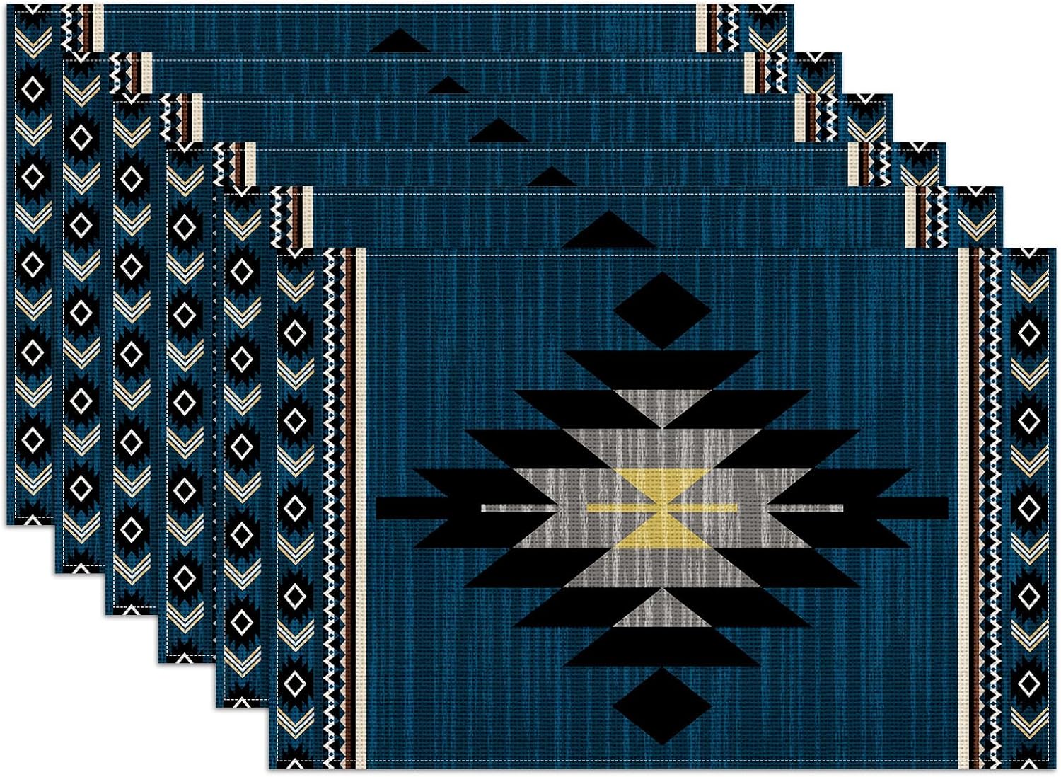 Blue Gold Marble Placemats Set of 6, Linen Place Mat Washable Stain Resistant Table Mats for Farmhouse Kitchen Dining Party Wedding Decor 12x18 Inch